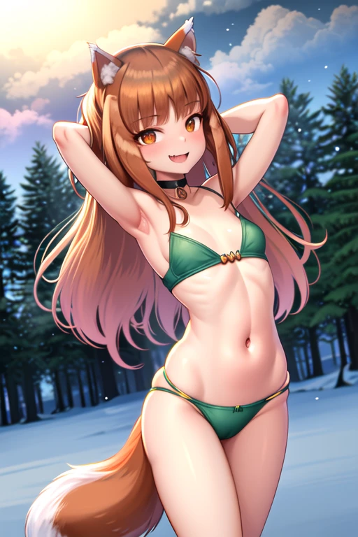 canine girl, (holo:1.5), 1girl, looking at viewer, standing, whole body, leaning forward, outdoors, forest, snow, (( flat chested )), small chested, (( tight green cotton underwear)),  open mouth, fang, smile, top_less,  ( ear ring, tight choker, short tail, nervous, smile, shaking motion lines), (wincing), nipple outlines,