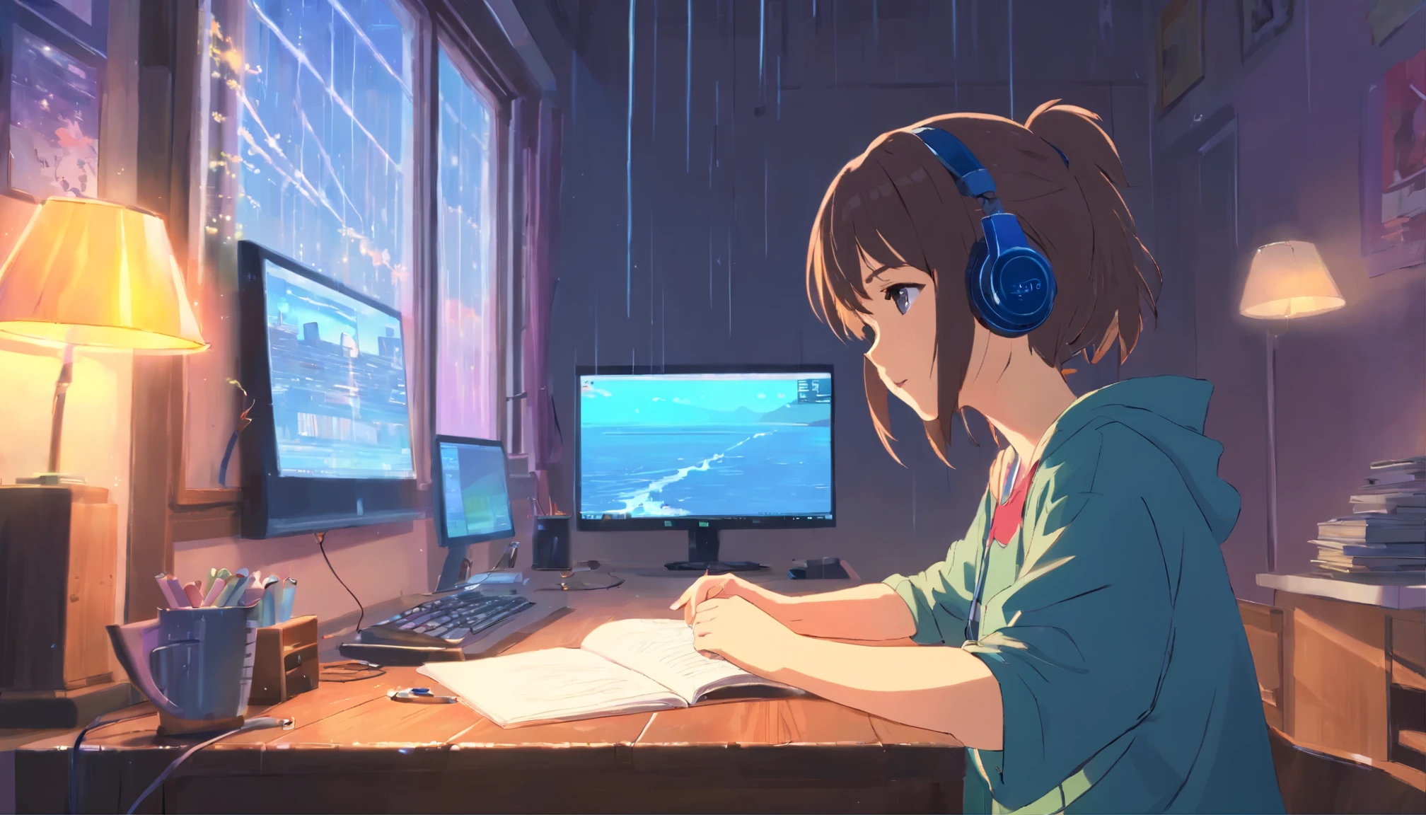 ((Top Quality)), ((Masterpiece)), (Details)
, studying in her room in the rain listening to music with headphones, beautiful emotional girl, computer on the desk, eyes on the screen