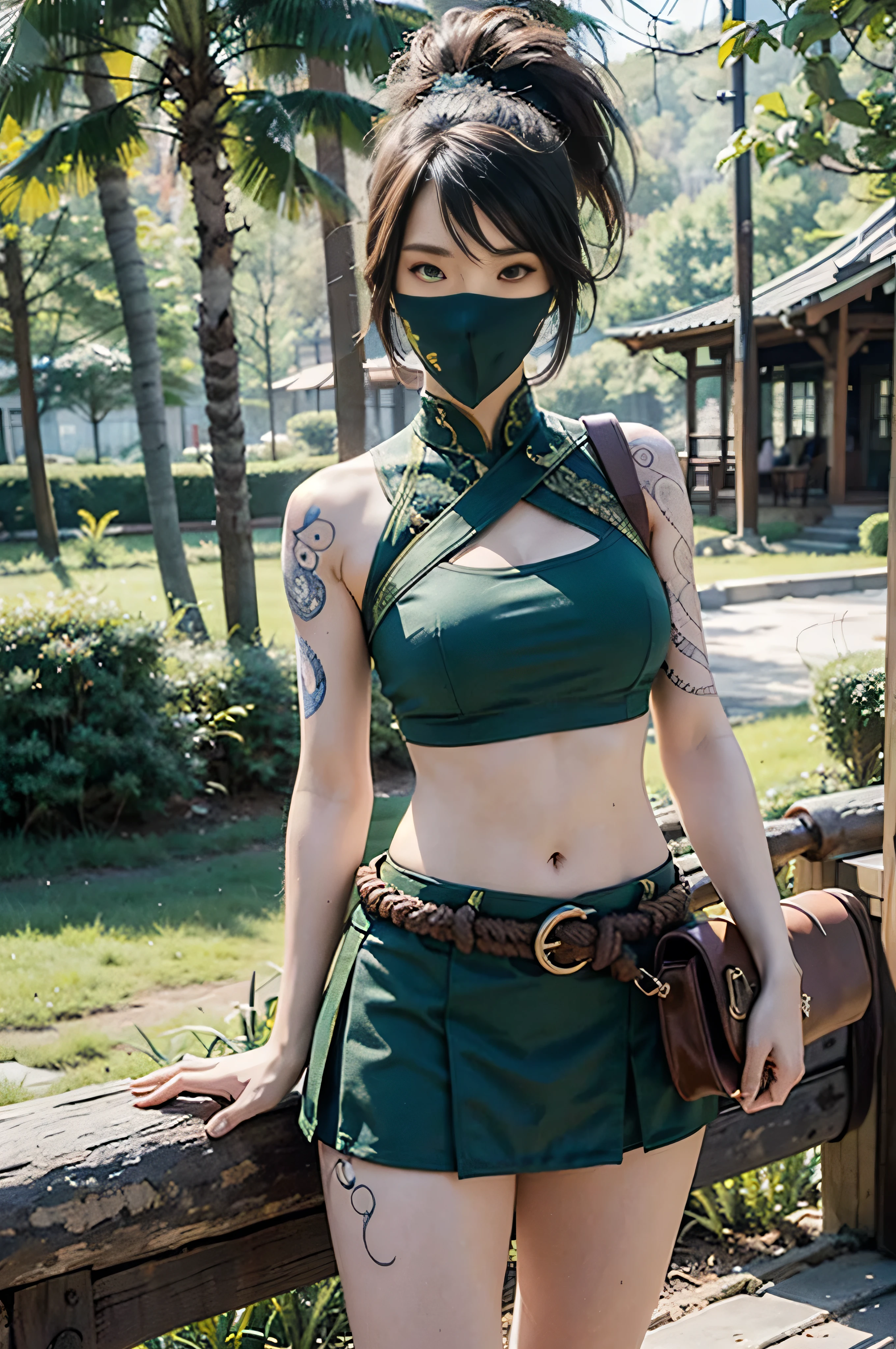 Akali, League of Legends, Ultra-realistic 8K CG, masterpiece, ((Very detailed background, Delicate pattern, Intricate details)), (Very detailed, The finer details, ), (Beautiful details: face, eyes and hair: 1.1) Martial Arts Master, Calm, surrounded by nature, Secrets of the forest, Abdominal muscles, arm tattoo, bangs, shirt, Big Breasts, Thick legs, green shirt, Hair between the eyes, Short skirt, long bangs, Long Hair, mask, Ninja, ponytail, Rope strap, Belt Bag, shirt, alone, Stomach tattoo, tattoo