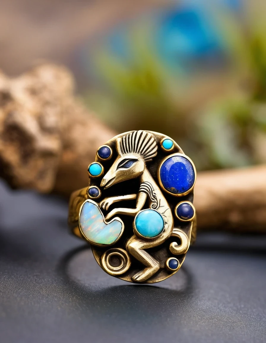 The minimalist ring design of the Indian totem god Kokopelli， man playing the flute，The main stone is an irregular opal，Indian elements，The matching stones are small amounts of lapis lazuli and turquoise，Clams，bead，gem，Retro，feather，Old，Soft Light