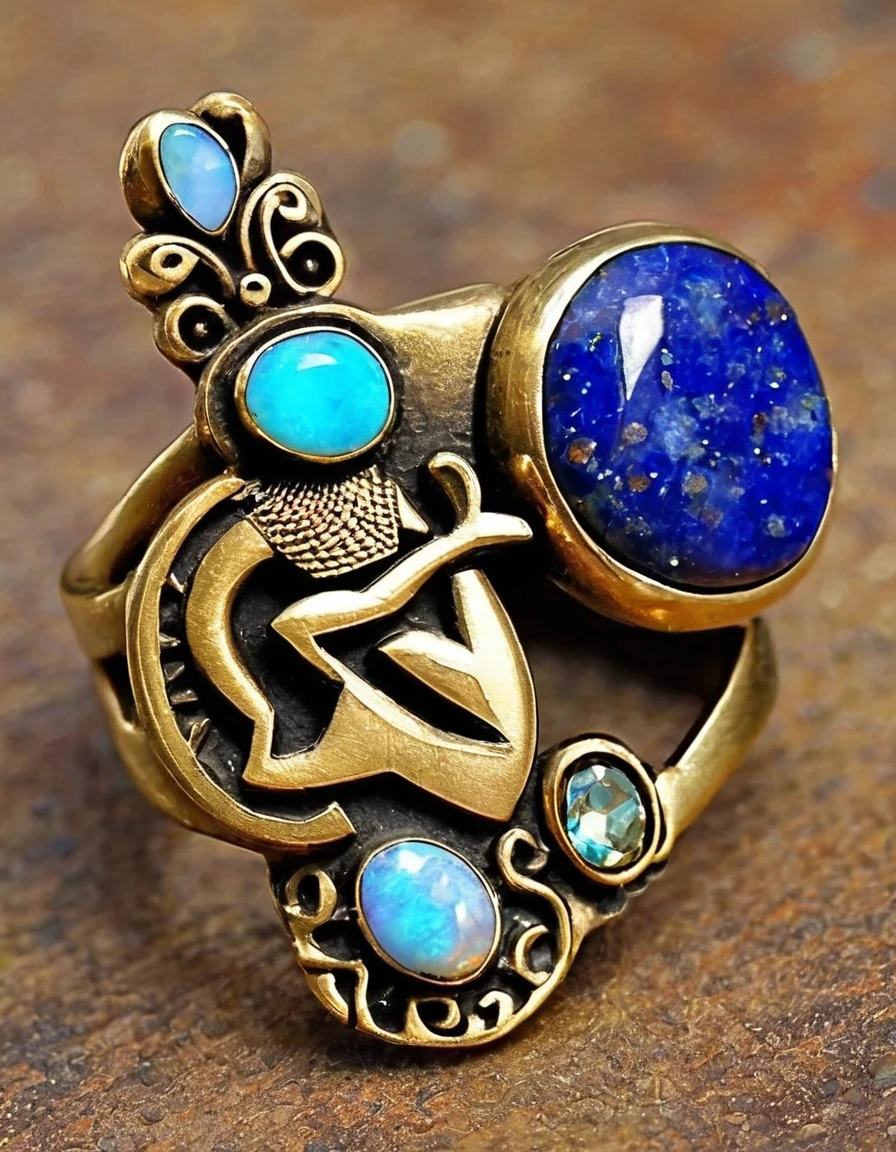 Indian totem rain god Kokopelli god abstract ring design，Little man playing the flute，The main stone is an irregular opal，Indian elements，The matching stones are small amounts of lapis lazuli and turquoise，Clams，bead，gem，Retro，Old，Soft Light