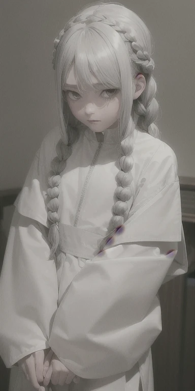best quality, masterpiece,gray hair, golden eyes,white clothes, look up,hair,fair skin,side braids