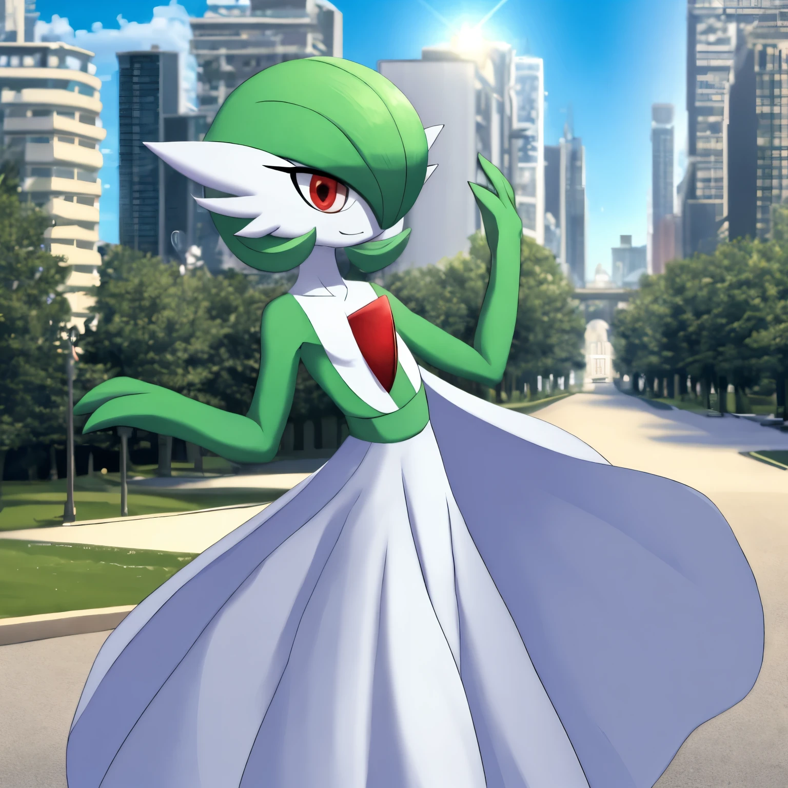 best quality, Gardevoir, pokemon, 1girl, solo, short height, red eyes, green hair, beautiful, small mouth, wink, slim, cute, slender body, looking at viewer, blurry background, outdoors, city, half body, long dress, white dress, slim, ((masterpiece)), best quality, 4k, cinematic lighting, ray tracing, reflected light, panorama, flat chest, high detailed illustration, high detailed background, hi-res, pokemon \(creature\), slim legs, small feet, white legs, cute expression