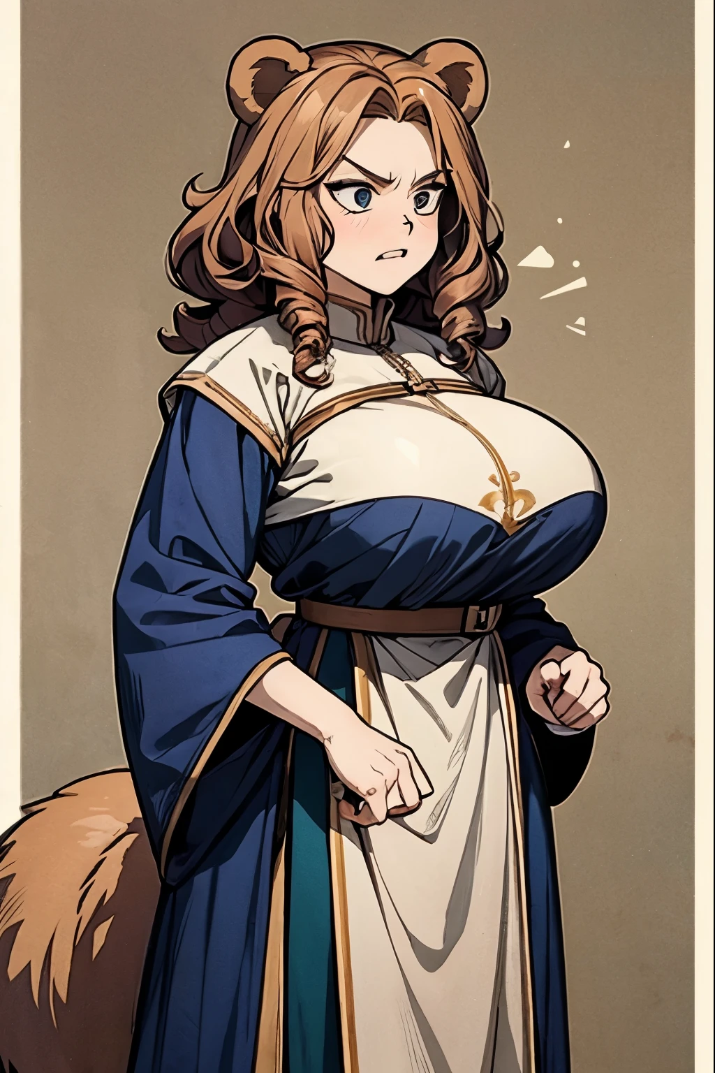 (bear ear, bear tail), heavy busty, bear , angry, curly hair, brown, medieval clothes, medieval background