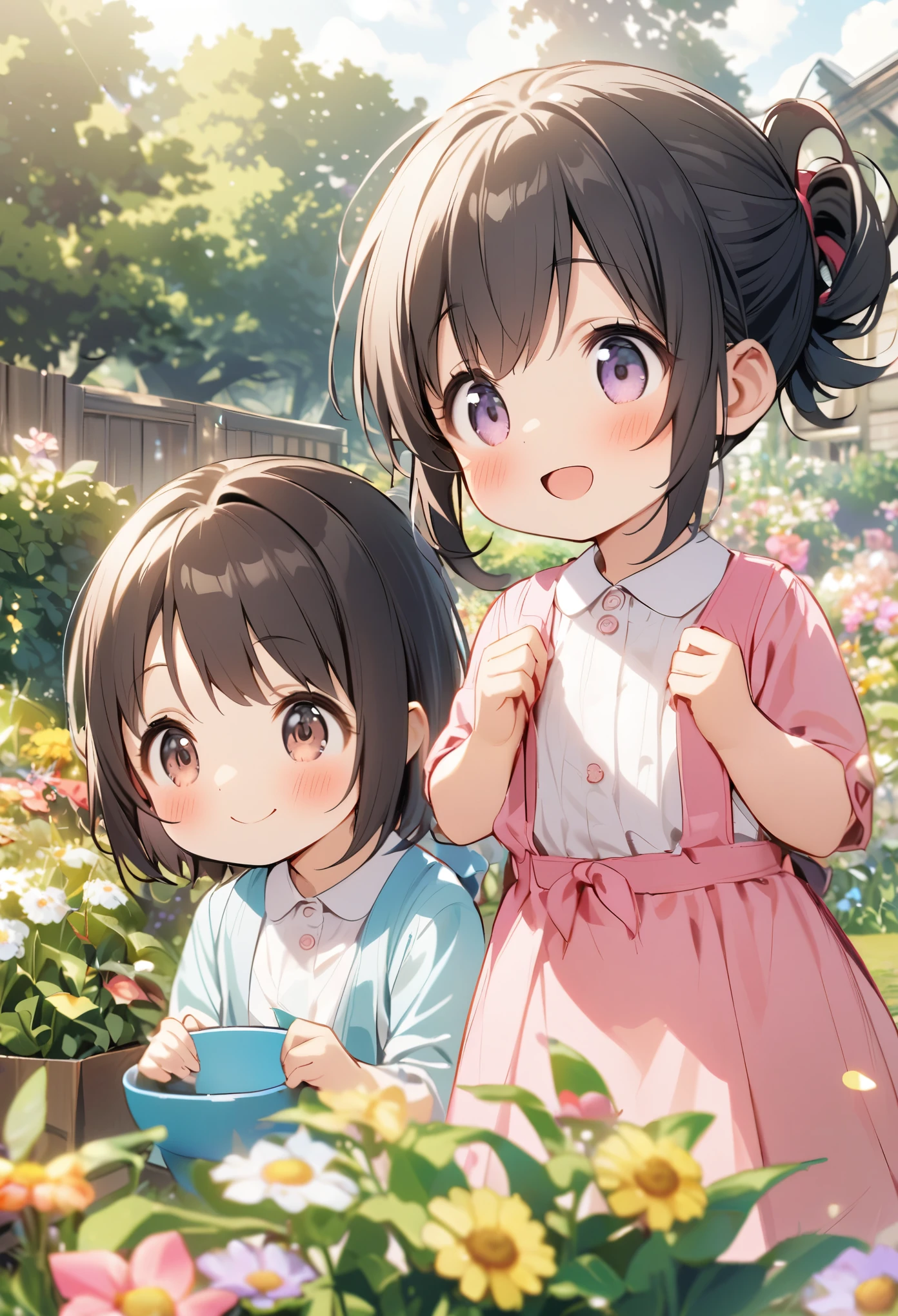 Lori、、Pink clothes、ポップな服装、Kindergarteners、Black Hair、Short Hair、Tied Hair、smile、garden、One girl、