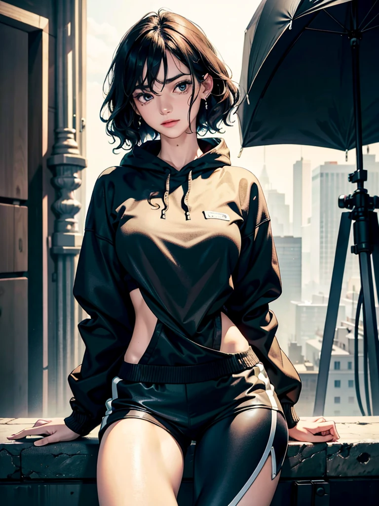absurdres, RAW photo, extremely delicate and beautiful, masterpiece, Best Quality, ultra high resolution, 32k, hyperrealistic, ultra-detailed, perfect anatomy, anatomically correct, perfect figure, super Detailed skin, 20 years old, very Slim body, narrow waist, very small head, very small face, delicate facial features, detailed face, detailed eyes, tearful mole, earring, thin legs, bare legs, very huge round breasts, short medium hair, ((wavy hair)), wet clothes, tracksuit_shorts, Lightweight hoodie,