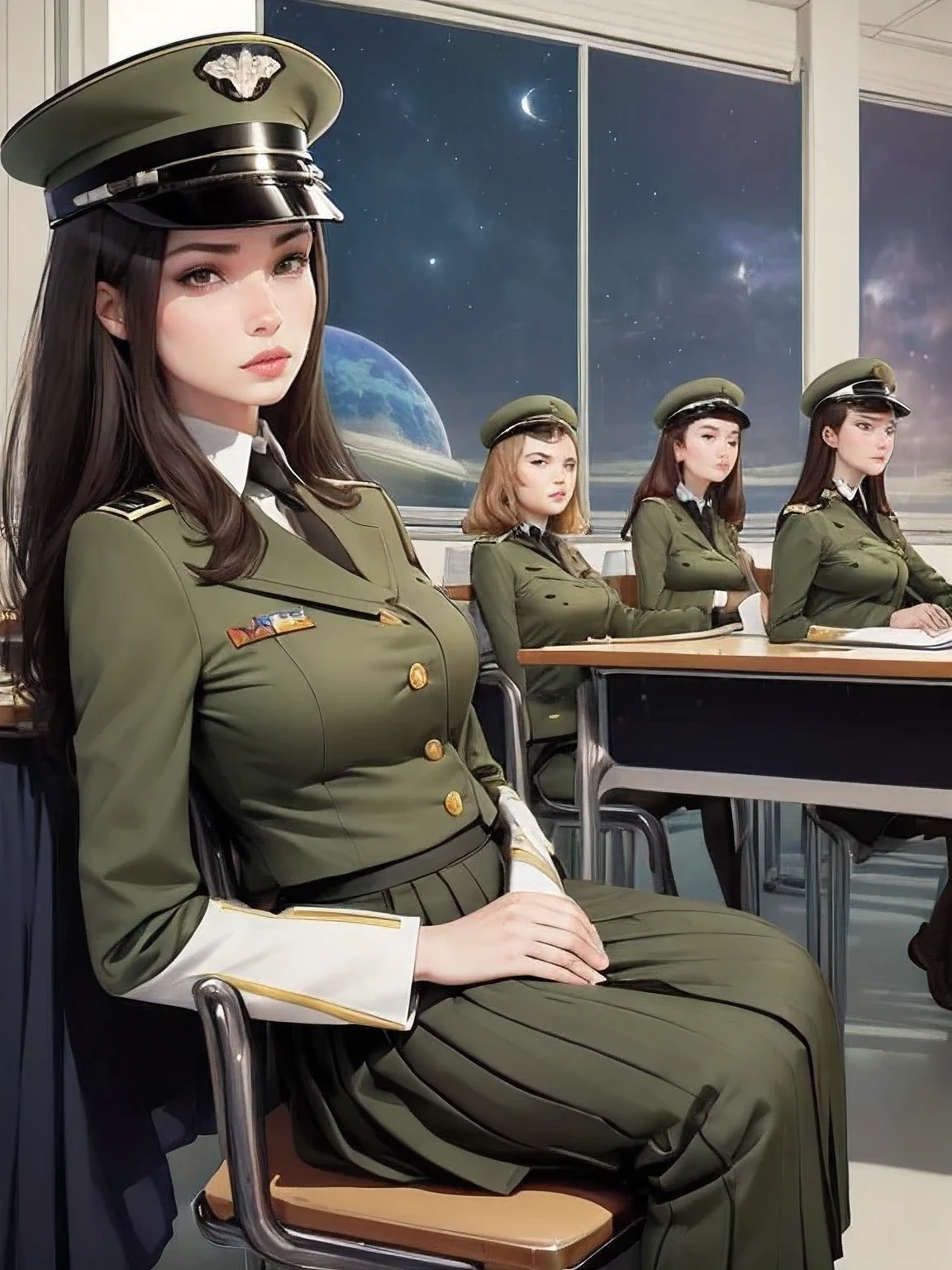 superflat, flat shading, flat colors, (masterpiece:1.2, best quality), (closeup), 2women, teen, slim, (white military outfit), pleated skirt, military hat, space cadet, sitting by desk, in classroom, put head on hand, bored,  classmates in background, (spaceship interiors), futuristic, cosmos, watercolor