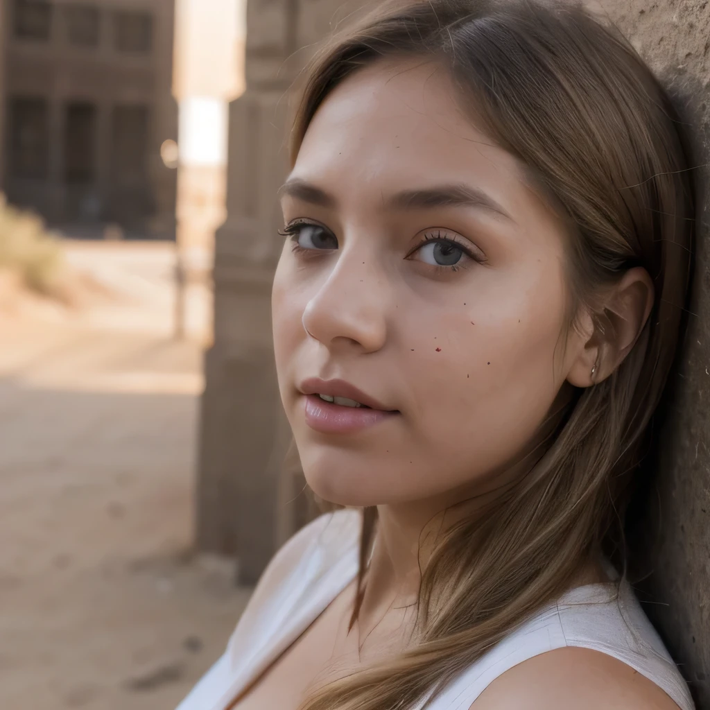 photo of a college student, in Desert Color Coarse Linen Pink,Desert Color Coarse Linen, (freckles:0.8) cute face, sci-fi, dystopian, detailed eyes, Heterochromia eyes((Side view))(Lunar soil)
