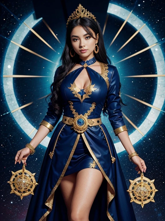 Mona from Genshin Impact wears a striking outfit that reflects her astrological theme. She dons a deep blue, high-collared jacket with gold accents and intricate patterns resembling constellations. Her skirt is layered and flows gracefully, with similar celestial motifs. She accessorizes with gold jewelry, including bracelets and earrings, adding to her mystique. Overall, her outfit combines elegance with an otherworldly charm, befitting her role as an astrologer and water mage.