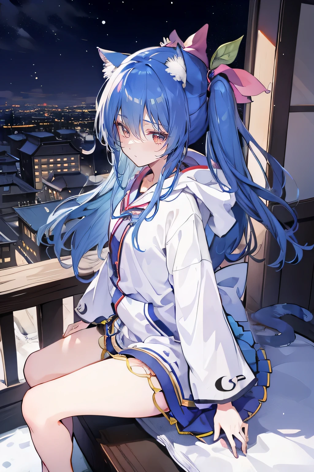 (masterpiece:1.2),Super detailed,lifelike,Expressive eyes,fair skin,perfect face shape,1 girl,
Japanese comics,Gorgeous blue hair,flowing blue hair,flowing clothes,Cat ears,Petals fall,beautiful lola,Baby Angel,
Cross your legs,Gentle and peaceful background,The pavilion is cool and comfortable,smile, wearing hoodie, background of tokyo,back views,snowing, winter.