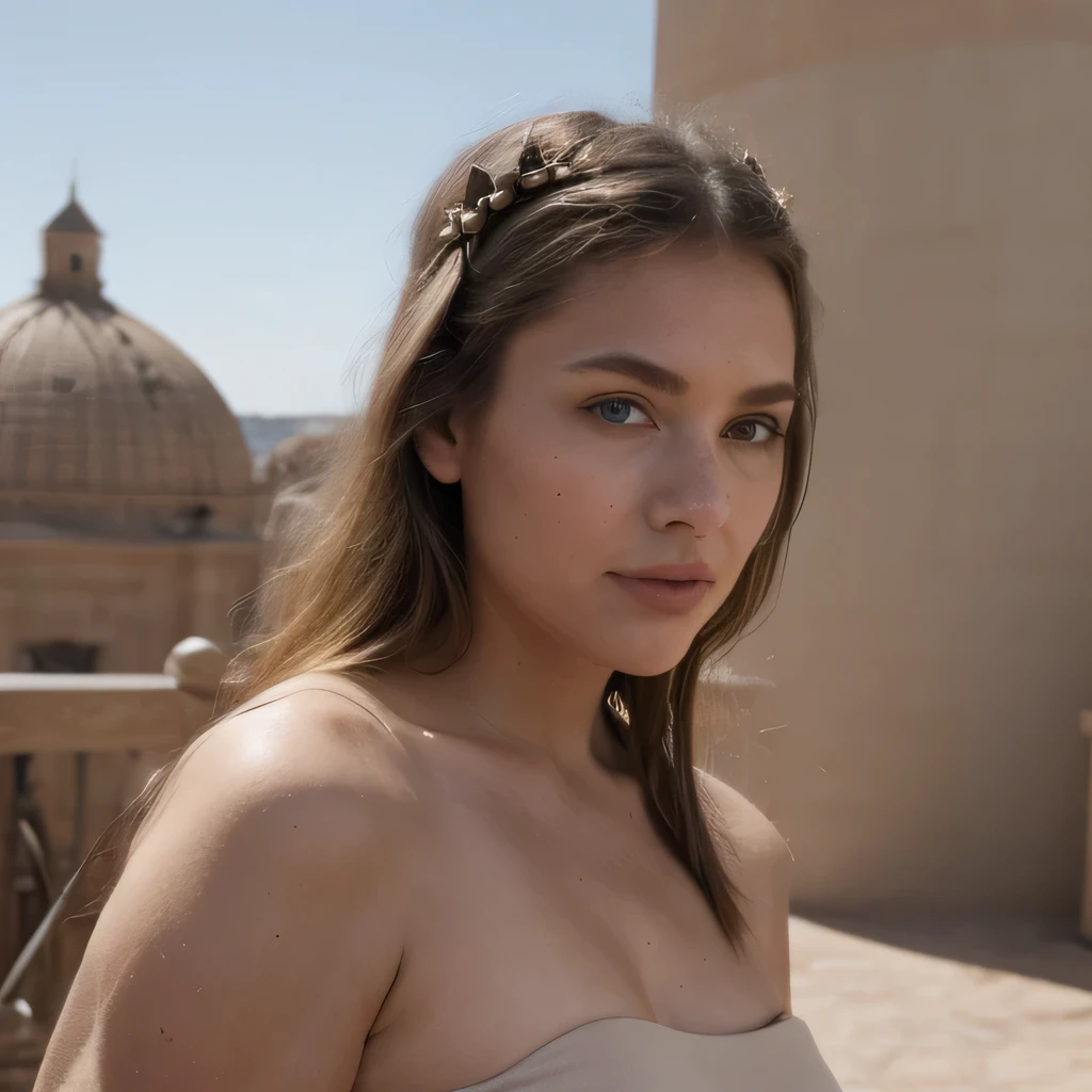 photo of a college student, in Desert Color Coarse Linen Pink,Desert Color Coarse Linen, (freckles:0.8) cute face, sci-fi, dystopian, detailed eyes, Heterochromia eyes((Side view))(Lunar soil)((a beautiful fantasy empress))