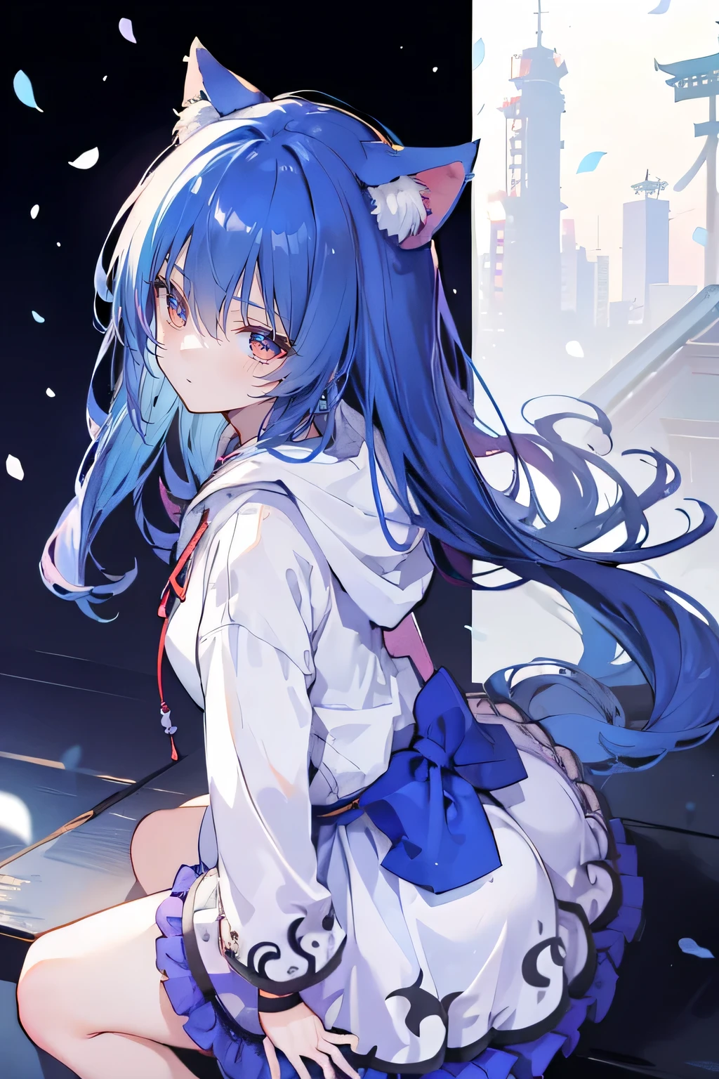 （masterpiece：1.2），Super detailed，lifelike，Expressive eyes，fair skin，perfect face shape，1 girl，
Japanese comics,Gorgeous blue hair,flowing blue hair,flowing clothes,Cat ears,Petals fall,beautiful lola,Baby Angel,
Shaking head with one hand，Cross your legs，Gentle and peaceful background，The pavilion is cool and comfortable,smile, wearing hoodie, background of tokyo,back views,snowing, winter.