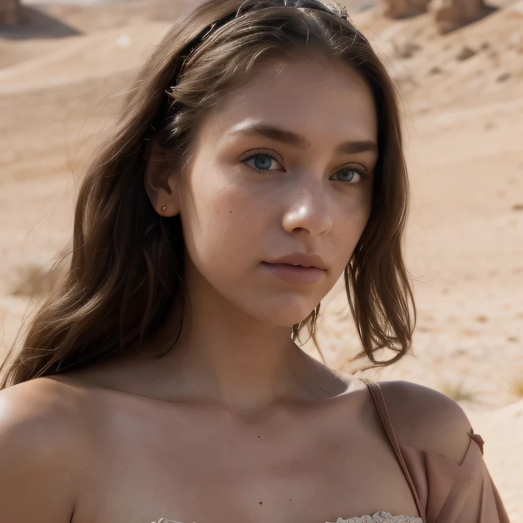 photo of a college student, in Desert Color Coarse Linen Pink,Desert Color Coarse Linen, (freckles:0.8) cute face, sci-fi, dystopian, detailed eyes, Heterochromia eyes((Side view))(Lunar soil)((a beautiful fantasy empress))