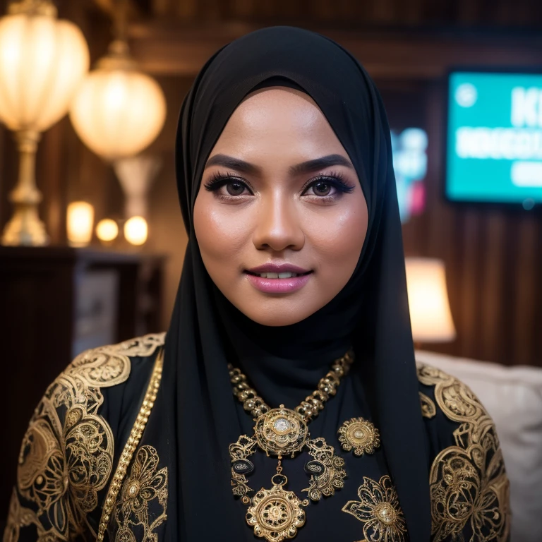 Craft a photorealistic scene of a Malay girl in hijab as an prostitute explorer in cyberpunk world. standing on living room, Showcase intricate gears, Victorian-inspired fashion, and a sense of adventure in this alternate reality, 8mm lens, Extreme close-up,  8k resolution, high quality, ultra detail,modeling pose,