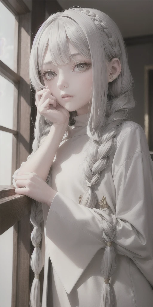 best quality, masterpiece,gray hair, golden eyes,white clothes, look up,hair,fair skin,side braids