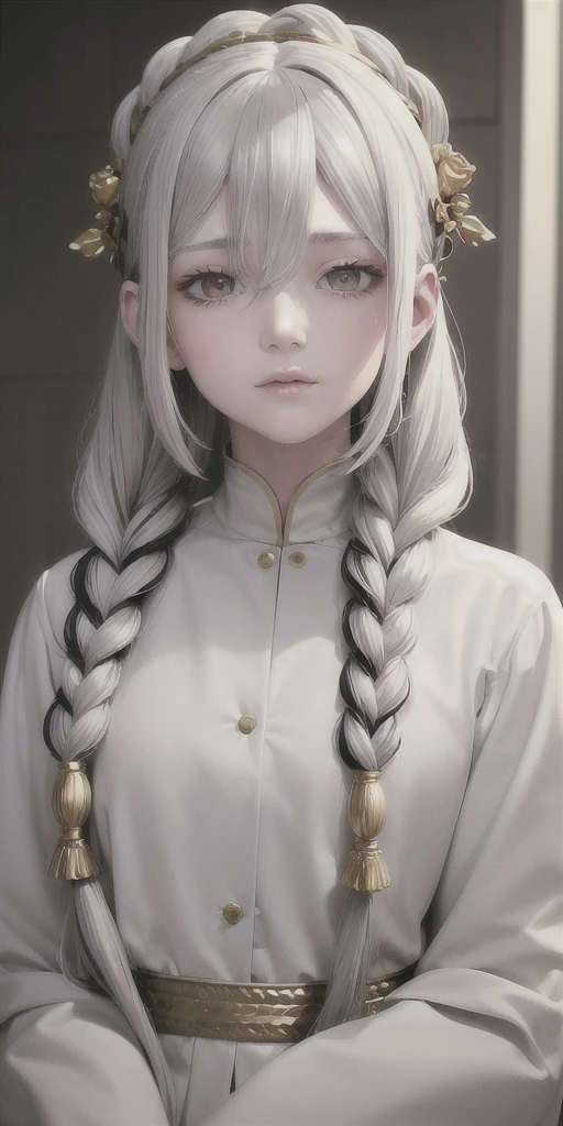 best quality, masterpiece,gray hair, golden eyes,white clothes, look up,hair,fair skin,side braids