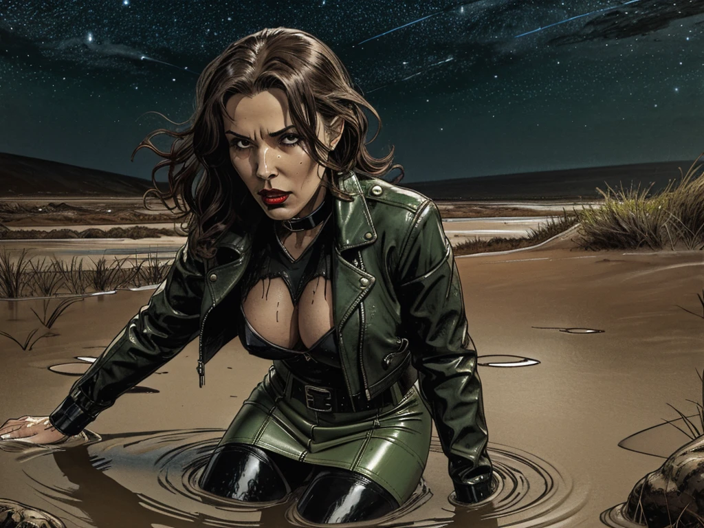 old woman, torture gloomy orgasm, drowning in the middle of quicksand bog, night sky, pencil skirt, stockings, biker rubber wetlook jacket, red lips, green, blue, belts