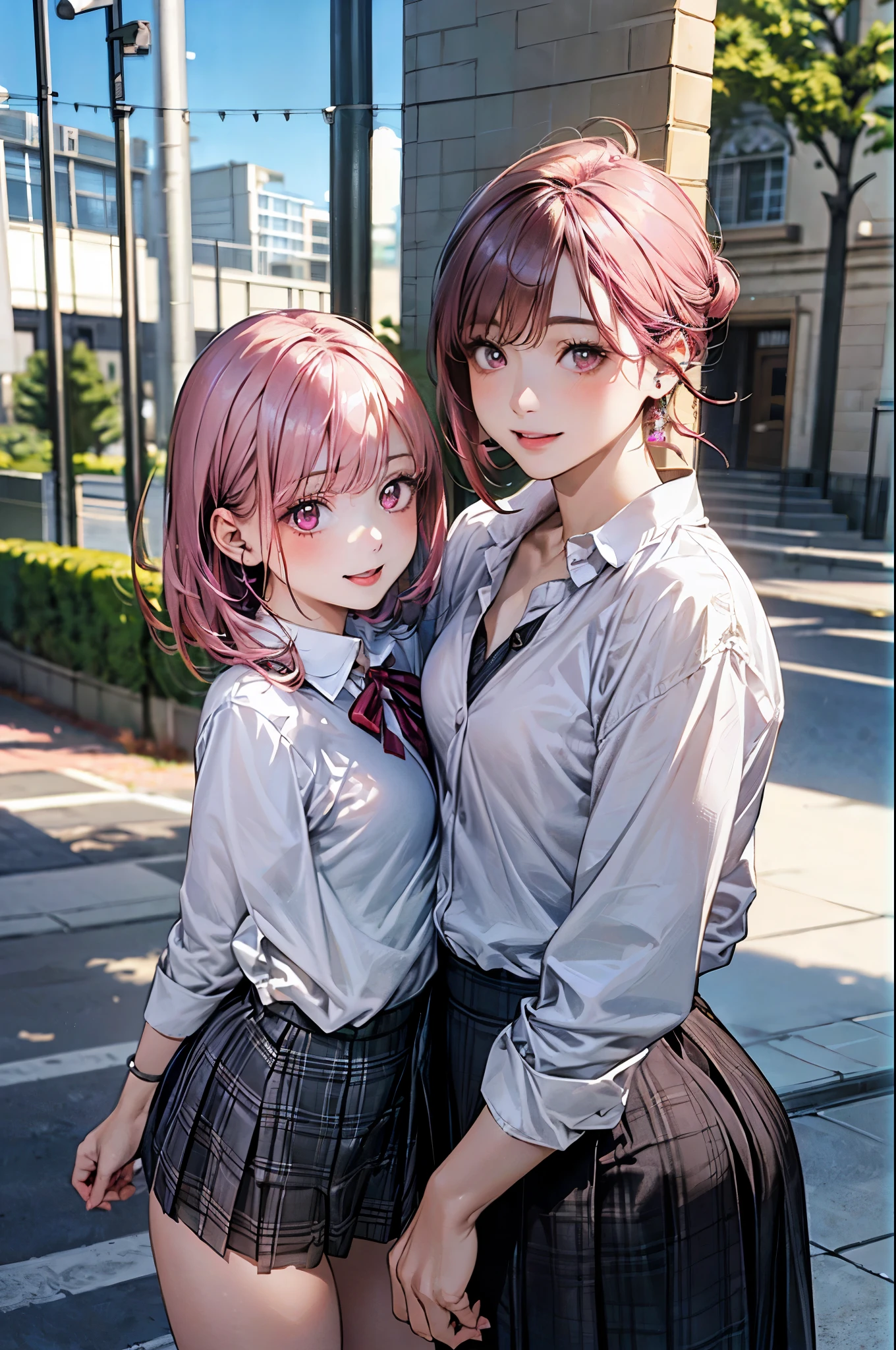 (masterpiece:1.3, highest quality), (Realistic, photoRealistic:1.4), Beautiful illustrations, (Natural Side Lighting, Cinema Lighting), Depth of written boundary, 
View your viewers, 1 girl, Japanese, high school girl, Perfect Face, Cute and symmetrical face, Shiny skin, 
(short hair:1.3, Double good:1.2, Pink Hair), Crossed bangs, Pink Eyes, Long Eyelashes, (Medium chest, Medium Bob, Medium sized butt), thin, Cleavage, clavicle,
Beautiful Hair, Beautiful Face, Beautiful fine details, Beautiful clavicle, Beautiful body, Beautiful breasts, Beautiful thighs, Beautiful feet, Beautiful fingers, 
((The room is expensive , Black blazer, White collared shirt, Red ribbon check skirt, Unbuttoned shirt, unbuttoned blazer)), 
(Beautiful views), evening, (school gate), walking, (Cute smile, Upward glance, Small with open mouth), (absurdres:1.3),8K,(detailed photograph:1.5),(detailed face and skin:1.3),(ultra high res:1.5),(photorealistic:1.5),symmetric clear eyes,well-groomed face,(ray tracing:1.3) ,1girl, Japanese,high school girl,(wearing Japanese high school uniform:1.3),(navy high school uniform:1.3), BREAK (presenting panties),(detailed light Green silk panties:1.1),masterpiece, best quality, highly detailed,classroom,Black mideum straight hair,focus panty,cinematic lighting,(blushing:1.3),(Stain on panties:1.4),