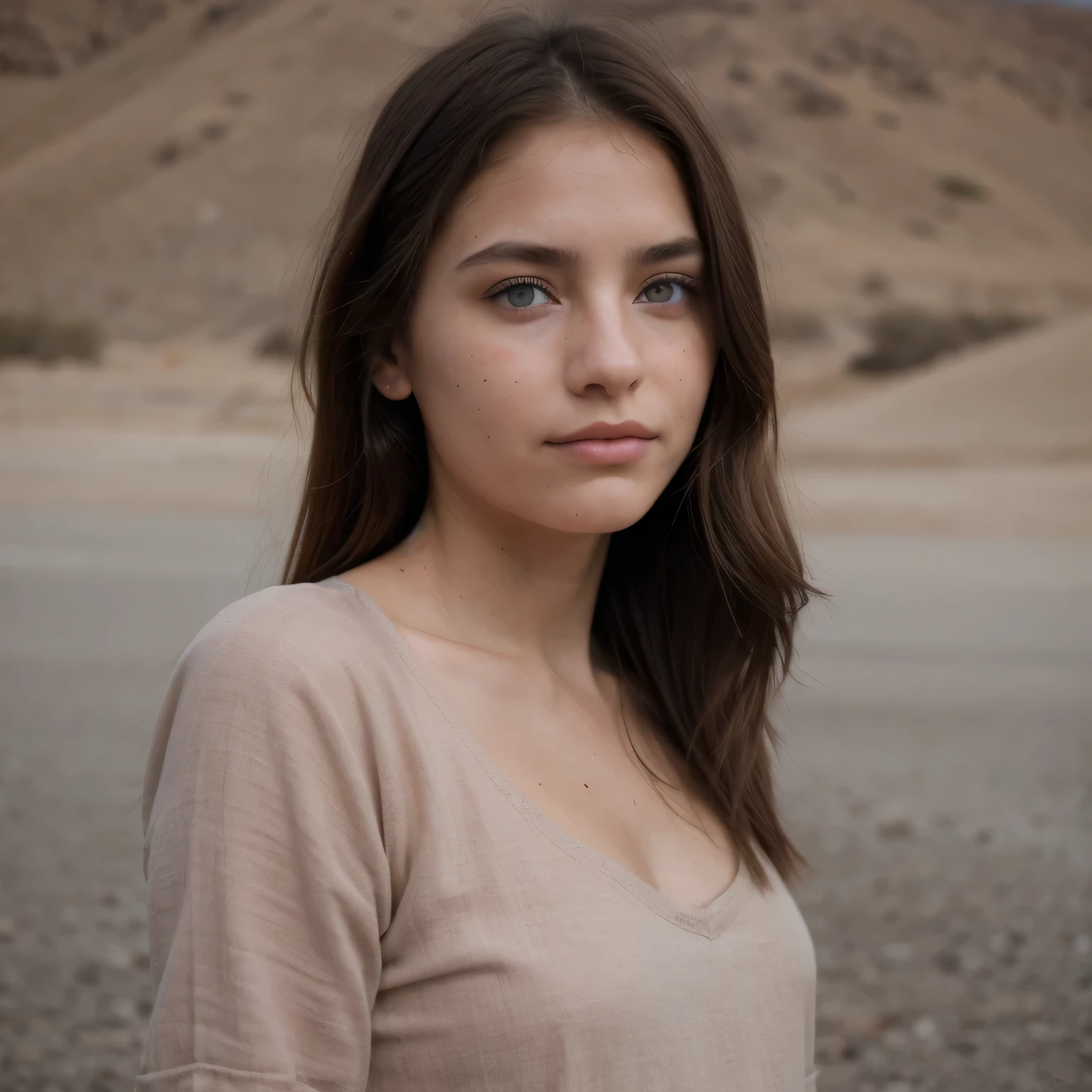 photo of a college student, in Desert Color Coarse Linen Pink,Desert Color Coarse Linen, (freckles:0.8) cute face, sci-fi, dystopian, detailed eyes, Heterochromia eyes((Side view))(Lunar soil)