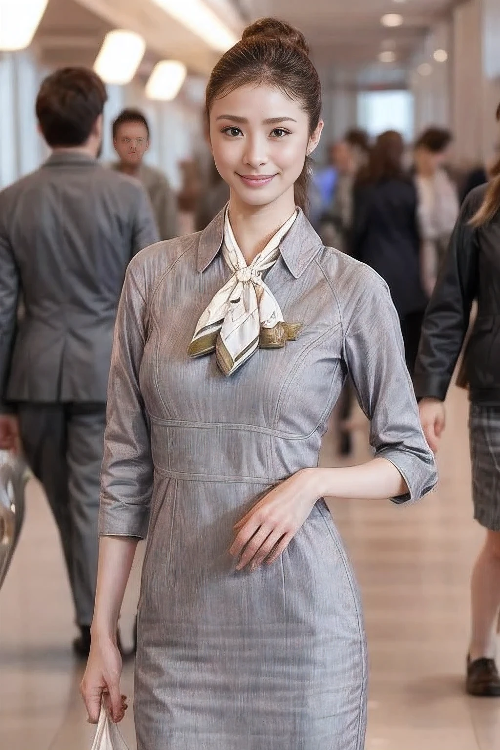 (masterpiece:1.2、highest quality:1.2)、32K HDR、High resolution、(alone、1 girl、Slim figure)、（Realistic style with Starlux Airlines uniform）、 (In the airport lounge, Professional Lighting)、（Starlux Airlines silver uniform:1.4）、（Starlux Airlines silver uniform with short sleeves）、（scarf on chest）、Big Breasts、（Long hair updo、Long hair tied back in a chignon）、Dark brown hair、Long Shot、（（Fine hand：2.0））、（（Harmonious body proportions：1.5））、（（Normal limbs：2.0））、（（Normal finger：2.0））、（（Delicate eyes：2.0））、（（Normal eyes：2.0））)、Beautiful standing posture