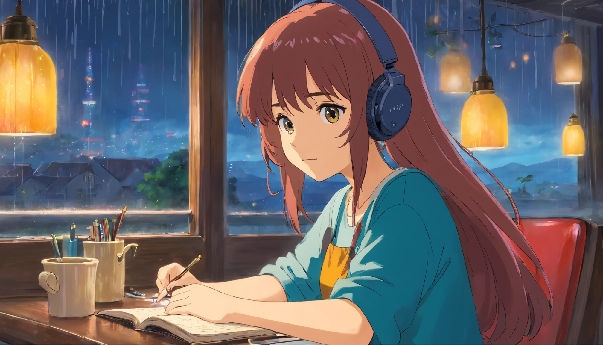 ((Top Quality)), ((Masterpiece)), (Detail)
, Beautiful, emotional girl studying in a rainy cafe listening to music with headphones, computer on the desk, her eyes on the screen