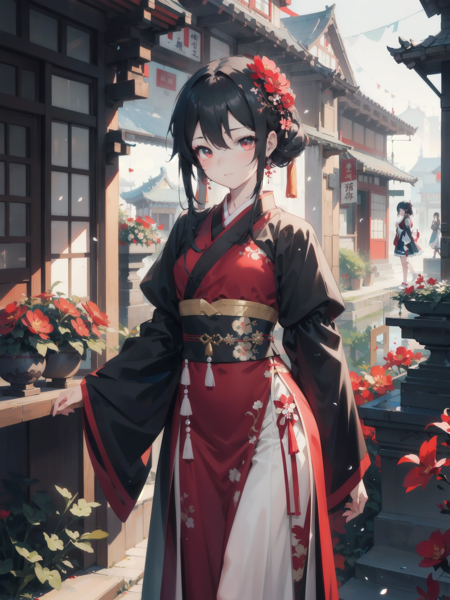 Wearing a red and black dress、Anime girl with red flowers in her hair, Artwork in the style of Guweiz, guweiz, Chinese Girl, Popular on cgstation, Cute anime girl in a beautiful skirt, Guweiz on Pixiv ArtStation, palace , Girl wearing Hanfu, Beautiful digital art work, Guweiz on Artstation Pixiv