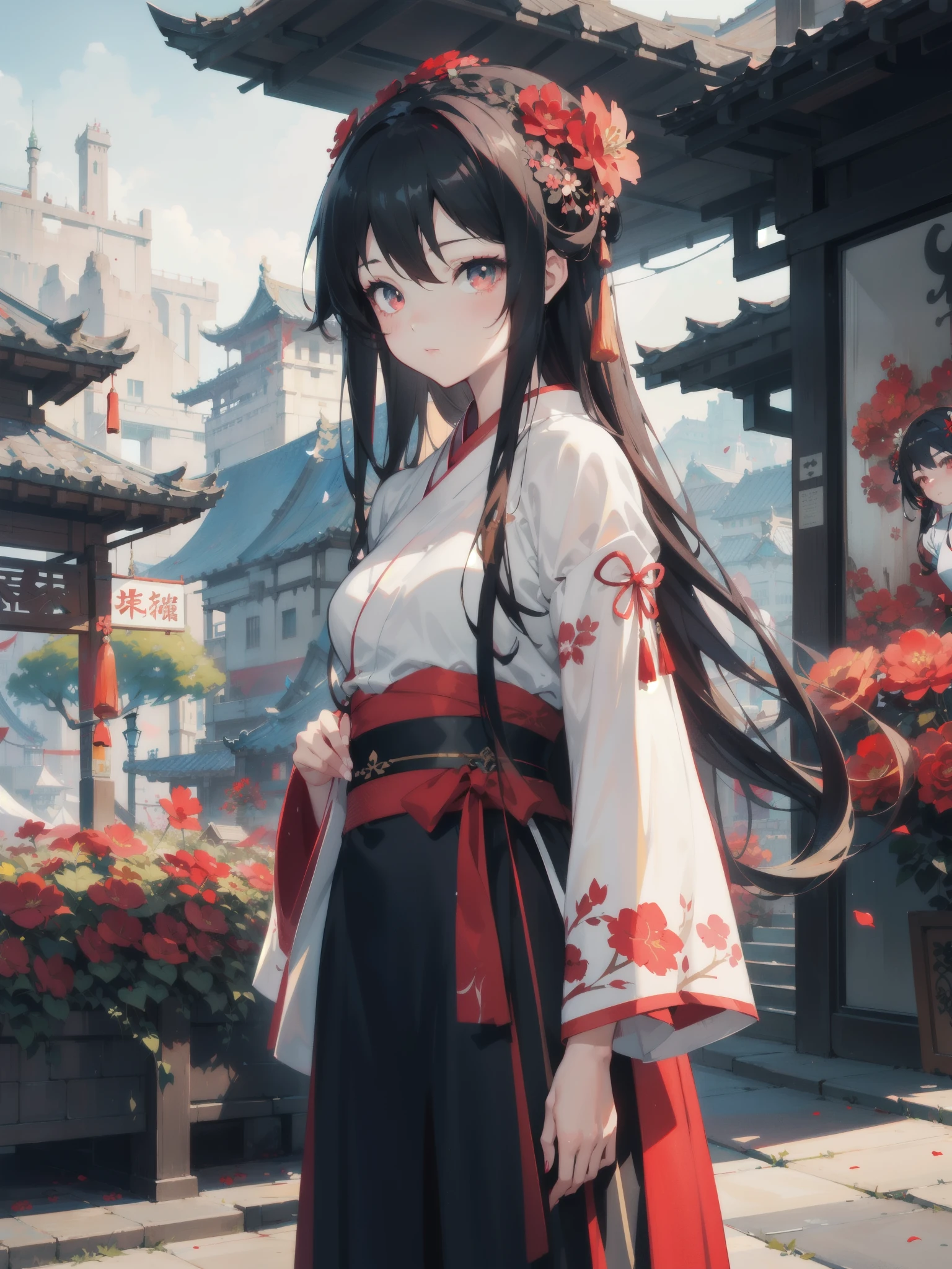 Wearing a red and black dress、Anime girl with red flowers in her hair, Artwork in the style of Guweiz, guweiz, Chinese Girl, Popular on cgstation, Cute anime girl in a beautiful skirt, Guweiz on Pixiv ArtStation, palace , Girl wearing Hanfu, Beautiful digital art work, Guweiz on Artstation Pixiv