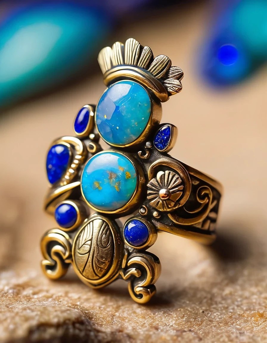 Indian totem rain god Kokopelli god abstract ring design，Little man playing the flute，The main stone is an irregular opal，Indian elements，The matching stones are small amounts of lapis lazuli and turquoise，Clams，bead，gem，Retro，Old，Soft Light