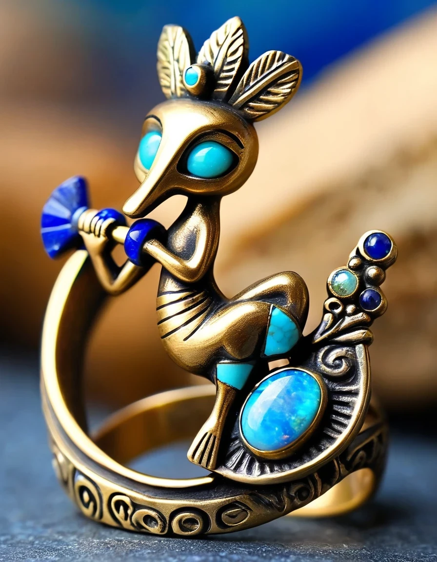 Indian totem rain god Kokopelli god abstract ring design，Little man playing the flute，The main stone is an irregular opal，Indian elements，The matching stones are small amounts of lapis lazuli and turquoise，Clams，bead，gem，Retro，Old，Soft Light