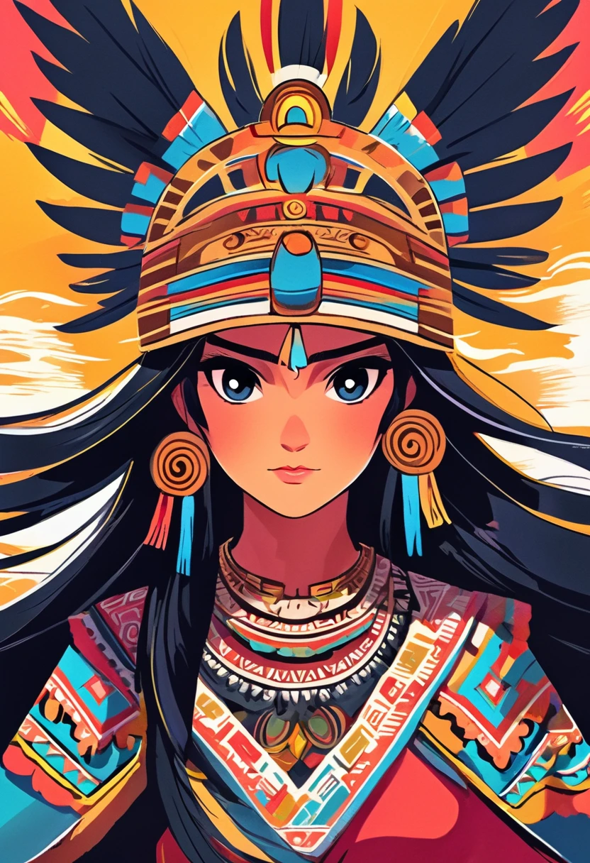accurate, detailed and vivid depiction of ancient Aztec civilization and Mexico), beautifully rendered woman in traditional attire, using high quality anime japanese technique vivid colors, stunning background, vibrant atmosphere-dark eyed raven haired highly detailed ibtricate and accurate dress with aztec warrior or noble