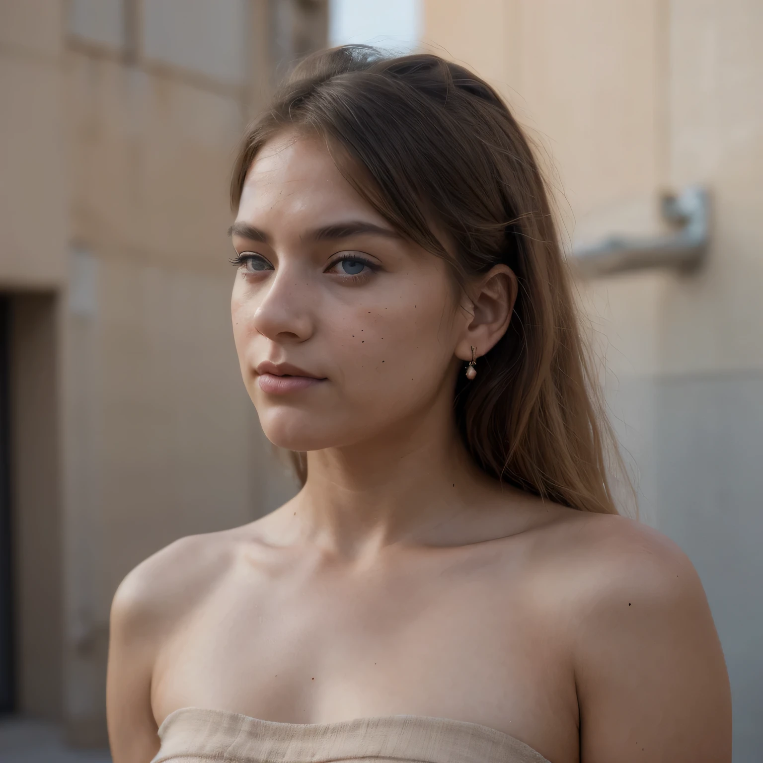 photo of a college student, in Desert Color Coarse Linen Pink,Desert Color Coarse Linen, (freckles:0.8) cute face, sci-fi, dystopian, detailed eyes, Heterochromia eyes((Side view))(Lunar soil)((a beautiful fantasy empress))
