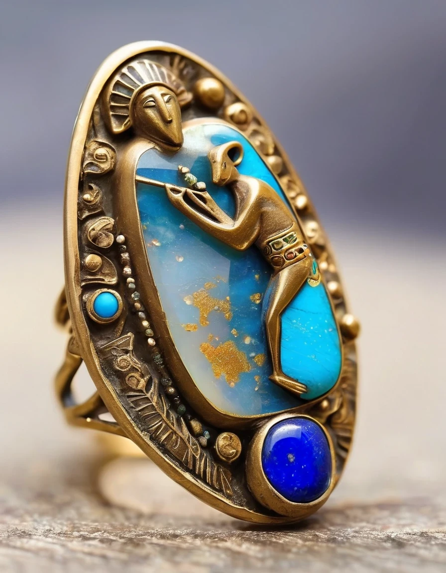 Indian totem rain god Kokopelli god abstract ring design，Little man playing the flute，The main stone is an irregular opal，Indian elements，The matching stones are small amounts of lapis lazuli and turquoise，Clams，bead，gem，Retro，Old，Soft Light