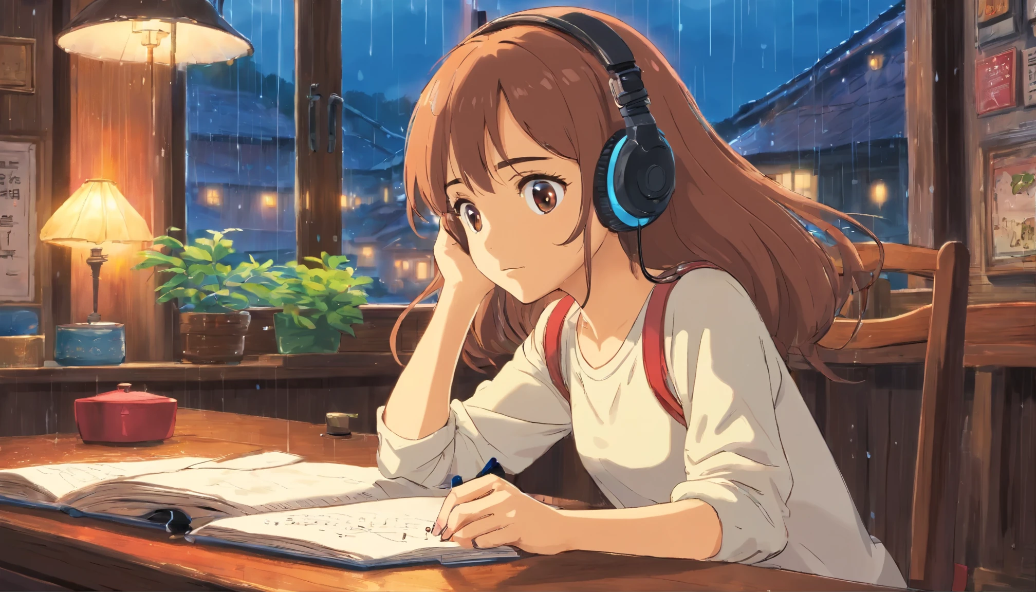 ((Top Quality)), ((Masterpiece)), (Detail)
, Beautiful, emotional girl studying in a rainy cafe listening to music with headphones, computer on the desk, her eyes on the screen