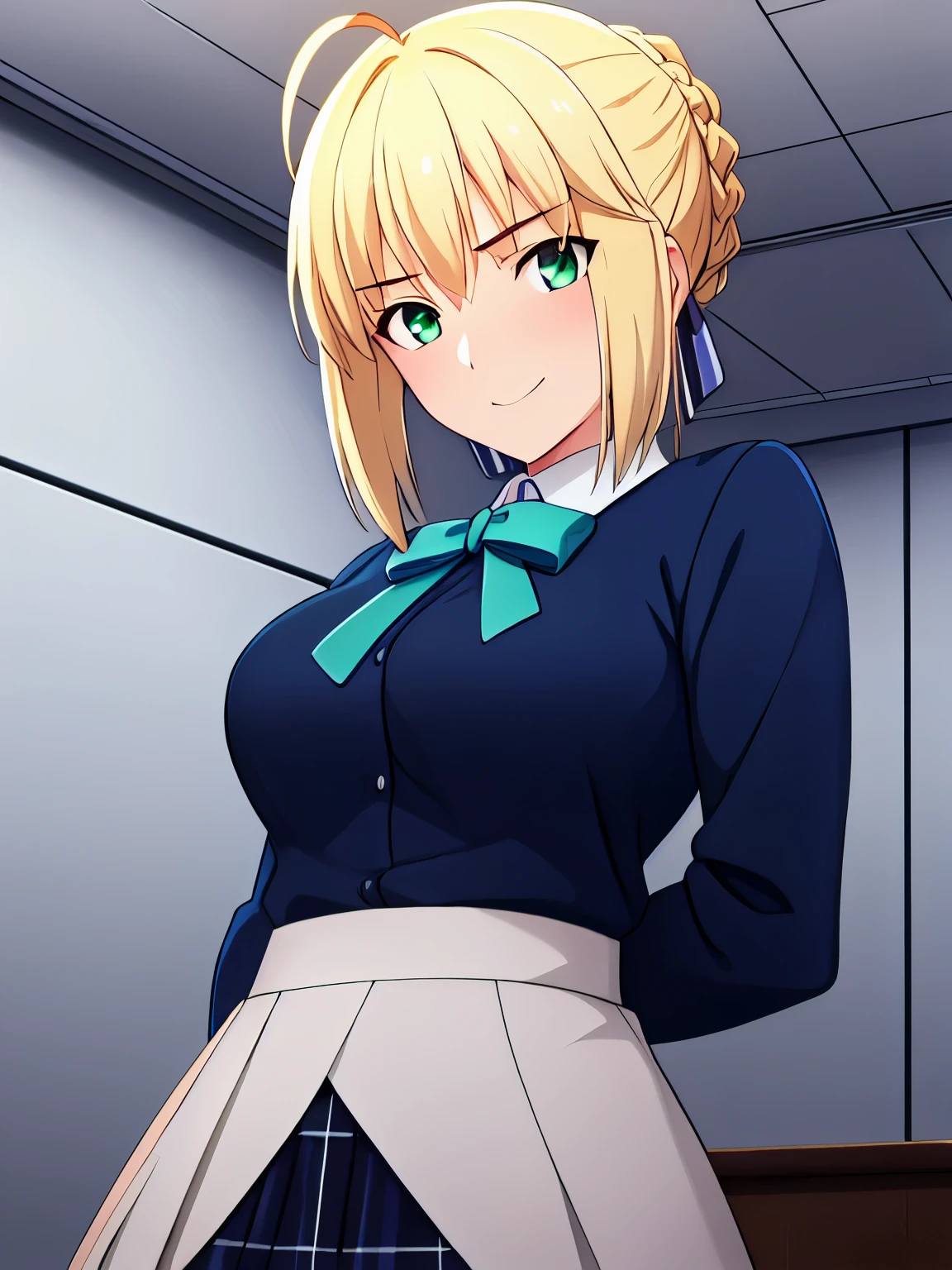 best quality, masterpiece, highres, detailed, ray_tracing_graphic, solo, adult_female, {saber_fatestaynightufotable:1.15}, French_braid, blonde_hair, little_ahoge, detailed_green_eyes, blue_ribbon, 1girl, anime_coloring, upper_body, kuudere_face, little_smile, five_fingers, blush, large_breasts, school_uniforms, jacket, skirt, from_the_front, stand, school, looking_at_viewer, oily_face, detailed_skin, detailed_face