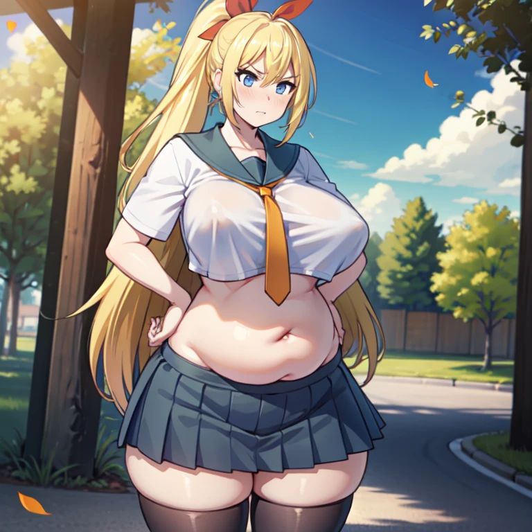 ((masterpiece)), (best quality:1.7), (detailed:1.4), (high res:1.4), 8k, (colorful:1.5), high resolution, sharped image, 4k, hd, (beautiful detailed background:1.2), (beautiful lighting:1.2), (highly detailed:1.2), perfect lighting, (8k wallpaper:1.2), (highly detailed:1.2), (extremely detailed CG:1.2), 2d, ((1girl)), solo, chitoge, blonde hair, ((long hair)), ponytail, (high ponytail), blue eyes, (blush), angry, , white shirt, ((orange tie)), blue skirt, pleated skirt, black thighhighs, sailor collar, ((red ribbon)), hair ribbon, school, (sakura tress), (leaves), (trees), sky, (blue sky), clouds, ((street)), ((standing)), ((hands on own hips)), ((massive breasts)), (very plump curvy body), (((day))), (((sparkling eyes))), ((massive wide fat hips)), big chubby belly, massive fat round ass,