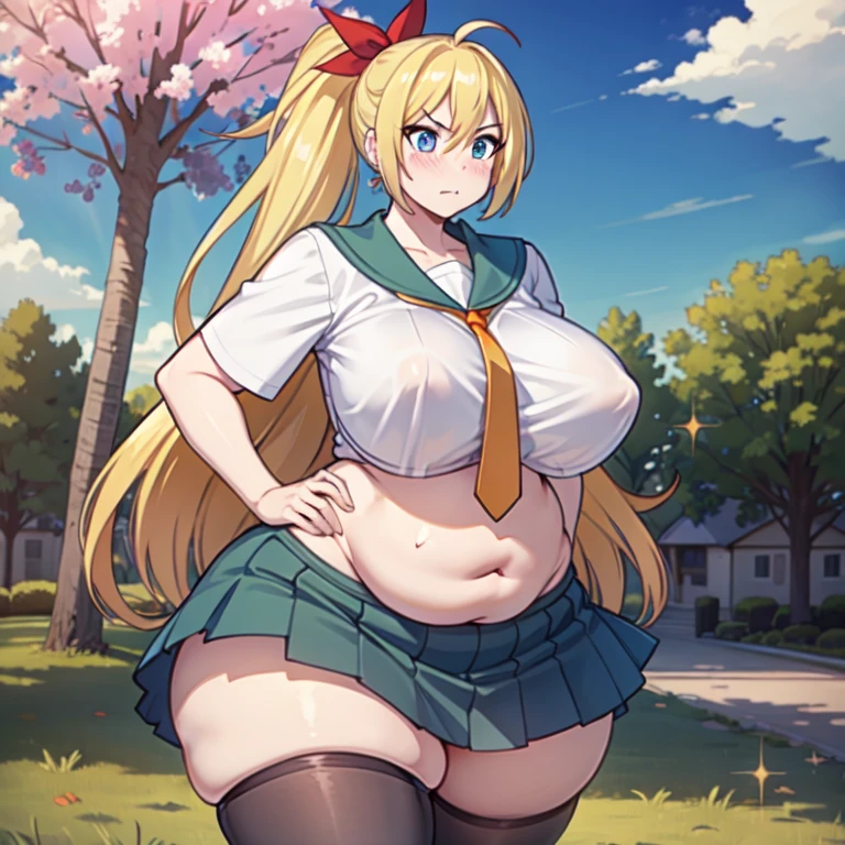 ((masterpiece)), (best quality:1.7), (detailed:1.4), (high res:1.4), 8k, (colorful:1.5), high resolution, sharped image, 4k, hd, (beautiful detailed background:1.2), (beautiful lighting:1.2), (highly detailed:1.2), perfect lighting, (8k wallpaper:1.2), (highly detailed:1.2), (extremely detailed CG:1.2), 2d, ((1girl)), solo, chitoge, blonde hair, ((long hair)), ponytail, (high ponytail), blue eyes, (blush), angry, , white shirt, ((orange tie)), blue skirt, pleated skirt, black thighhighs, sailor collar, ((red ribbon)), hair ribbon, school, (sakura tress), (leaves), (trees), sky, (blue sky), clouds, ((street)), ((standing)), ((hands on own hips)), ((massive breasts)), (very plump curvy body), (((day))), (((sparkling eyes))), ((massive wide fat hips)), big chubby belly, massive fat round ass,