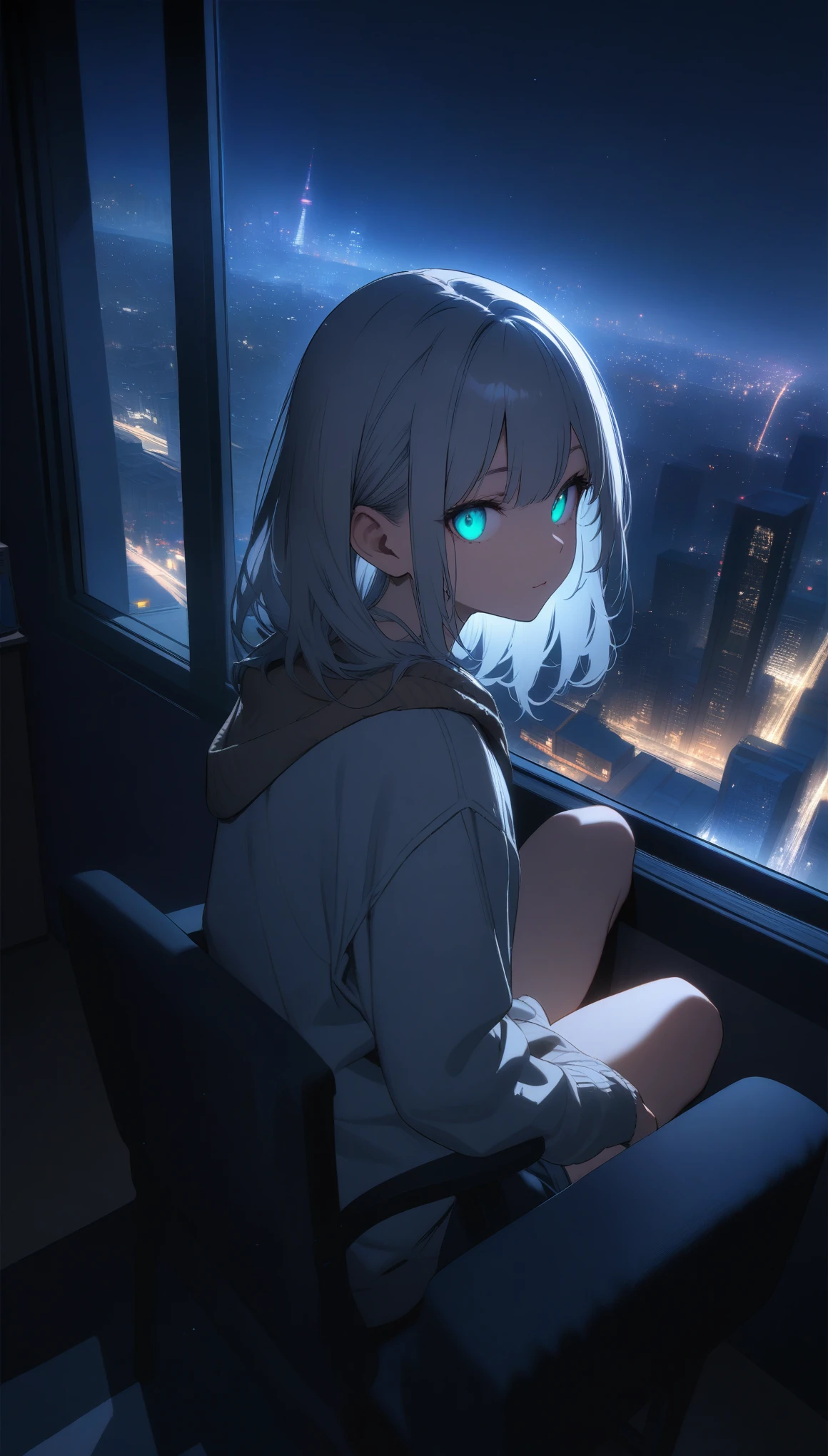 (masterpiece), highest quality, Cyan eyes, Light grey hair, Expressive eyes, Jorhaya, Sitting in a high-rise apartment room, Night Sky, Cityscape, View your viewers, City lights, window, highlight, Dramatic Light, Calm face, 32k, best quality, ultra high res, HDR, UHD, extremely detailed CG, unity 32k wallpaper, 