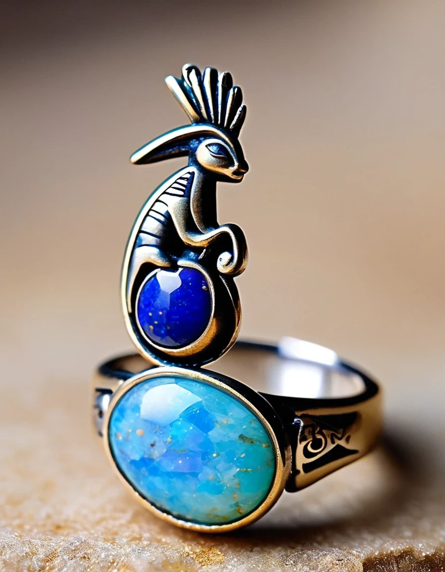 Indian flute player Kokopelli minimalist abstract ring design，The main stone is an oval opal，Indian elements，The matching stones are small amounts of lapis lazuli and turquoise，Clams，bead，gem，Retro，Old，Soft Light