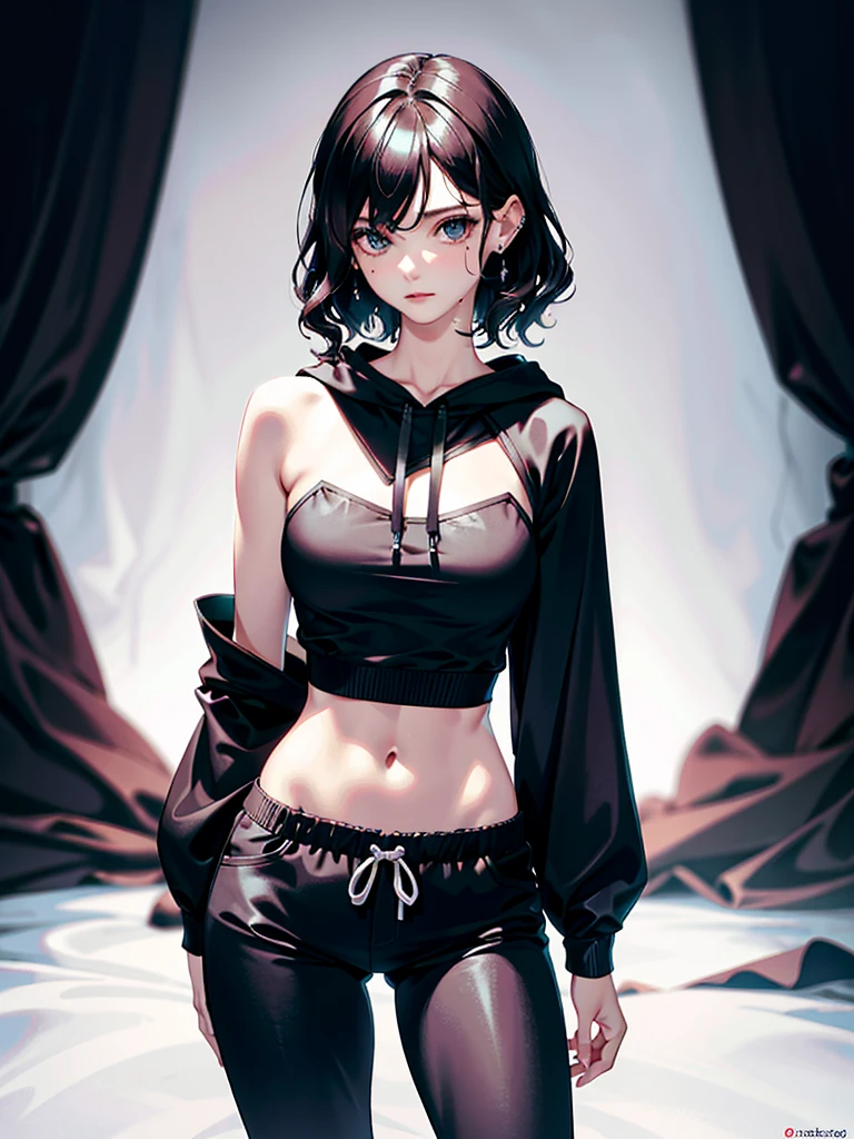 crop top, hoodie, mini skirt, absurdres, RAW photo, extremely delicate and beautiful, masterpiece, Best Quality, ultra high resolution, 32k, hyperrealistic, ultra-detailed, detailed description, pale skin, 20 years old, tearful mole, earring, short medium hair, wavy hair, full body shot,