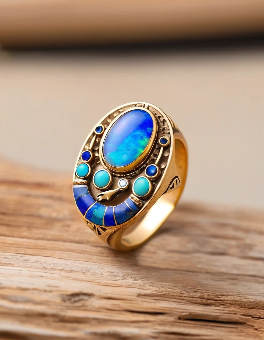 Indian flute player Kokopelli minimalist abstract ring design，The main stone is an oval opal，Indian elements，The matching stones are small amounts of lapis lazuli and turquoise，Clams，bead，gem，Retro，Old，Soft Light