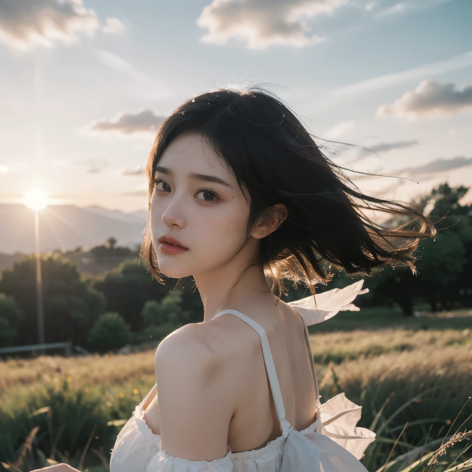 highest quality,masterpiece,Ultra-high resolution,Realistic,RAW Photos,unity 8k wallpaper, Panorama, Cinematic lighting,
On the grass, sunset, Dappled Sunshine, Golden Hour Lighting, Backlight, Blurred Background, (Lens flare), Wind, pastel colour, Soft Light,
1 Girl,Floating short hair, elegant, Upper Body,
