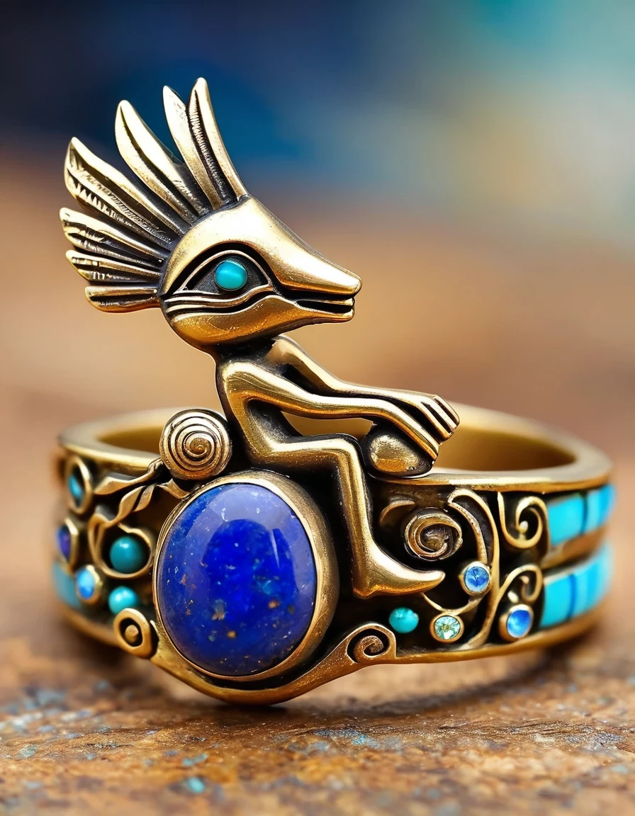 Indian totem rain god Kokopelli god abstract ring design，Little man playing the flute，The main stone is an irregular opal，Indian elements，The matching stones are small amounts of lapis lazuli and turquoise，Clams，bead，gem，Retro，feather，Old，Soft Light