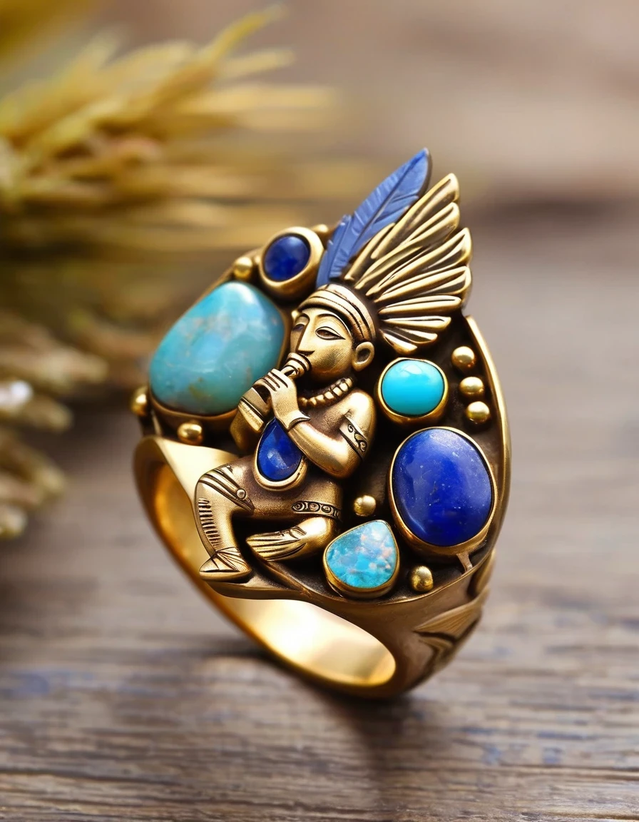 Indian totem rain god Kokopelli god abstract ring design，Little man playing the flute，The main stone is an irregular opal，Indian elements，The matching stones are small amounts of lapis lazuli and turquoise，Clams，bead，gem，Retro，feather，Old，Soft Light