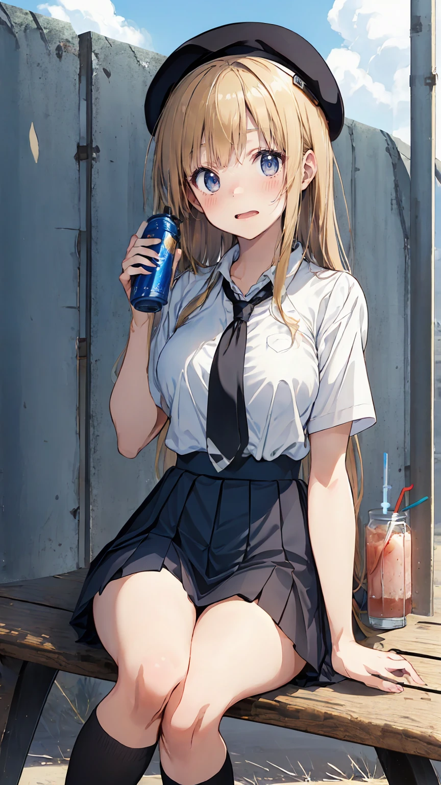 (masterpiece, best_quality), extremely detailed CG unity 8k wallpaper, super fine illustration, (anime_style), Woman posing for a photo, A shy smile, Small open mouth, Long Hair, Straight hair, Fine skin, Beautiful Hands, Beautiful fingers, Wearing a beret, tie, Small breasts, Short sleeve blouse, Pleated skirt, Thighs, Absolute area, Knee socks, Daytime, Hot summer day, School, Schoolyard, Sitting on a bench, holding Canned juice, Natural light, Detailed face:1.2, Sharp focus, Hasselblad Photos, masterpiece, light makeup, Cinematic lighting, 4k, sharpness, Anime Style, whole body, Canned juice, 