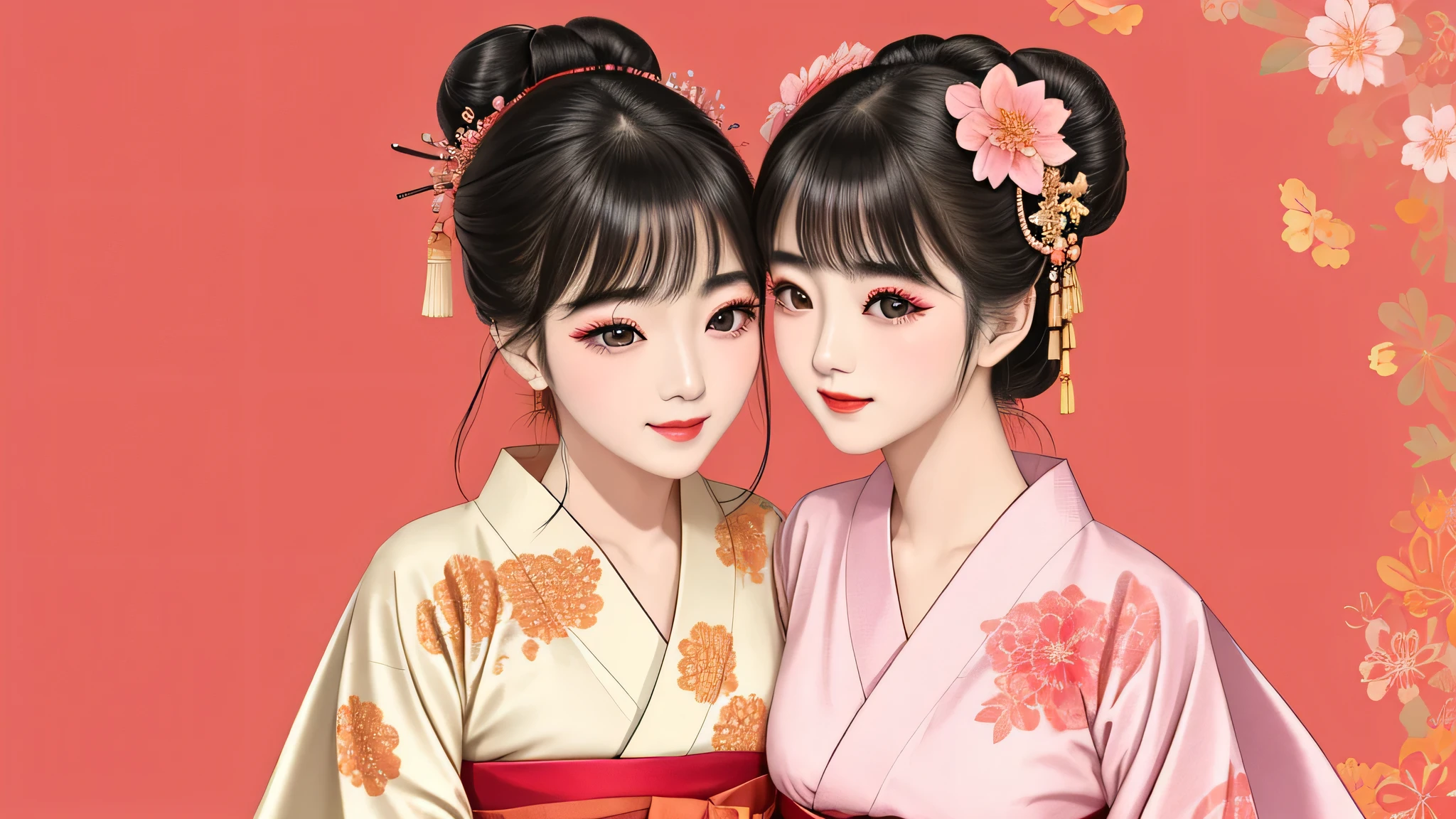 Each has a different expression２People and sisters、(２ girls）、｟Dancing traditional arts with grace)、((Big Breasts、Small Face、Not exposed))、highest quality、masterpiece、（Black Hair、Bun Hair）、Brown Eyes、｟Wide angle、Angle from above the waist、Pause on the magazine cover、Their gazes are different, gazing into the distance｠、(８K High Quality、masterpiece、High resolution、Realistic and beautiful light and shadow、(highest quality)、(High Resolution)、(Very delicate and beautiful)、(Beautiful 8k face)、(With a smile、Beautiful eyes)、(Clear skin)、(Soft hair)、(８Head to Body)、(A Japanese style yukata kimono with red, pink and orange floral patterns on a white background, interspersed with gold powder、Wearing a yukata２Beautiful Japanese girls)、((Tanabata decoration background))、((Small Face))、(arms up)、Thin and small nose、（Red lipstick）、（Make your cheeks red）、（Glossy skin）、((Ink painting style))、Very thin eyebrows、Overall ultra-high image quality、（She is wearing maiko-style makeup.）、Whitening、Long and beautiful eyelashes、Glowing Skin、（Red cheeks）,Straight nose、masterpiece、highest quality、whole body、 Eyebrows visible through hair、Bun Hair、Grin、Gal、Gal、Viewer&#39;s Eyes、Plaid、Stylish、woman、fine、Pause、
Waiting to start 
