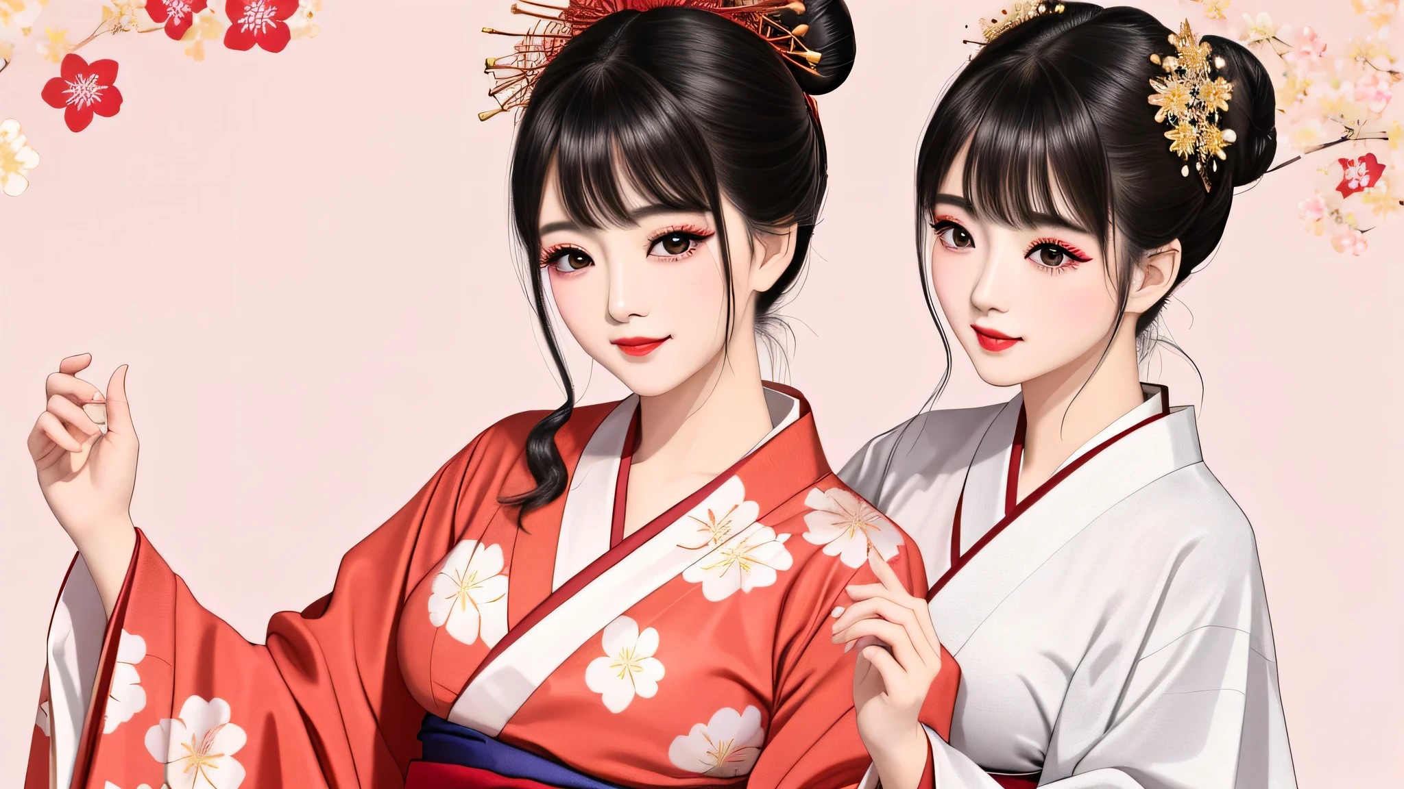 Each has a different expression2People and sisters、(2 girls)、⦅Dancing traditional arts with grace)、((Big Breasts、Small Face、Not exposed))、highest quality、masterpiece、(Black Hair、Bun Hair)、Brown Eyes、⦅Wide angle、Angle from above the waist、Pause on the magazine cover、Their gazes are different, gazing into the distance⦆、(8K High Quality、masterpiece、High resolution、Realistic and beautiful light and shadow、(highest quality)、(High Resolution)、(Very delicate and beautiful)、(Beautiful 8k face)、(With a smile、Beautiful eyes)、(Clear skin)、(Soft hair)、(8Head to Body)、(A Japanese style yukata kimono with red, pink and orange floral patterns on a white background, interspersed with gold powder、Wearing a yukata2Beautiful Japanese girls)、((Tanabata decoration background))、((Small Face))、(arms up)、Thin and small nose、(Red lipstick)、(Make your cheeks red)、(Glossy skin)、((Ink painting style))、Very thin eyebrows、Overall ultra-high image quality、(She is wearing maiko-style makeup.)、Whitening、Long and beautiful eyelashes、Glowing Skin、(Red cheeks),Straight nose、masterpiece、highest quality、whole body、 Eyebrows visible through hair、Bun Hair、Grin、Gal、Gal、Viewer's Eyes、Plaid、Stylish、woman、fine、Pause、
Waiting to start