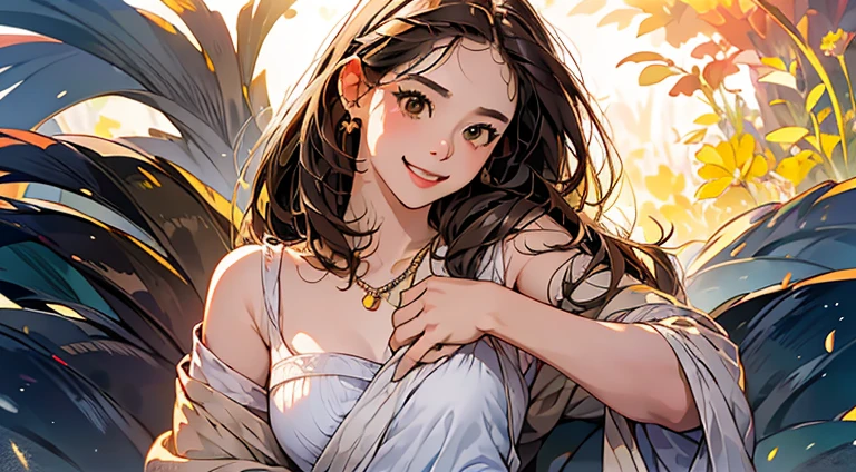 (absurdres, 8k, 4k, masterpiece, hyper extreme detailed:1.2), solo, 1girl, front view, perfect face, 1girl, portrait, expressive eyes, looking at viewer, solo, standing, Female, toned body, mature female 1girl, genie, zodiac, shirt over 1 shoulder, Brown bikini, long sleeves, necklace, long Brown Hair, city background, headband, Brown eyes, Brown skirt, small bust, rings, bracelets, charismatic, crazy face, crazy eyes, crazy smile, perfect anatomy, half body, l1girl, solo, brown shirt, gold letters, graphic t-shirt, bracelets, rings, necklace, jewelry, arm sleeves, fingerless gloves, manipulative, gaslighting, friendly, hands behind back,