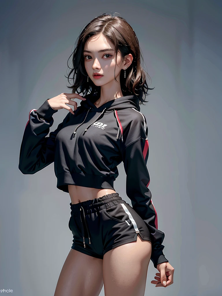 sports bra, sports jacket, sports pants, no panties, ( cyberpunk environment: 1.2), makeup,, (1 girl: 1.4), best quality, masterpiece, (realistic: 1.2), young woman, lady, detailed face, detailed eyes, detailed hair, detailed skin, looking at the viewer, dramatic, vibrating, sharp focus, 50 mm, F1.2, EOS R8, (3/4 body: 1.2), standing, (complex background: 1.6), (best quality details: 1.2), 8K high definition,