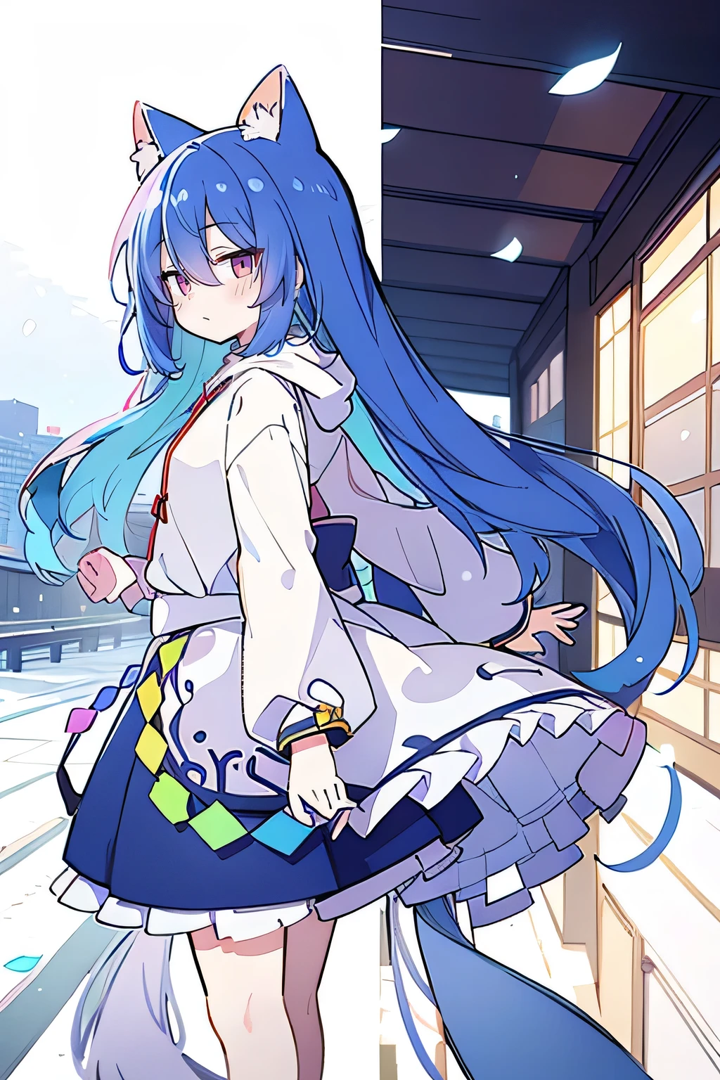 （masterpiece：1.2），Super detailed，lifelike，Expressive eyes，fair skin，perfect face shape，1 girl，
Japanese comics,Gorgeous blue hair,flowing blue hair,flowing clothes,Cat ears,Petals fall,beautiful lola,Baby Angel,
Shaking head with one hand，Cross your legs，Gentle and peaceful background，The pavilion is cool and comfortable,smile, wearing hoodie, background of tokyo,back views,snowing, winter.