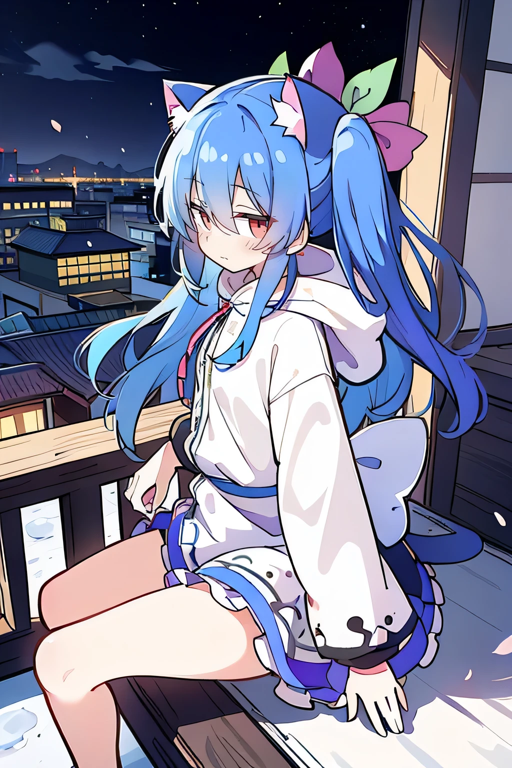 (masterpiece:1.2),Super detailed,lifelike,Expressive eyes,fair skin,perfect face shape,1 girl,
Japanese comics,Gorgeous blue hair,flowing blue hair,flowing clothes,Cat ears,Petals fall,beautiful lola,Baby Angel,
Shaking head with one hand,Cross your legs,Gentle and peaceful background,The pavilion is cool and comfortable,smile, wearing hoodie, background of tokyo,back views,snowing, winter.